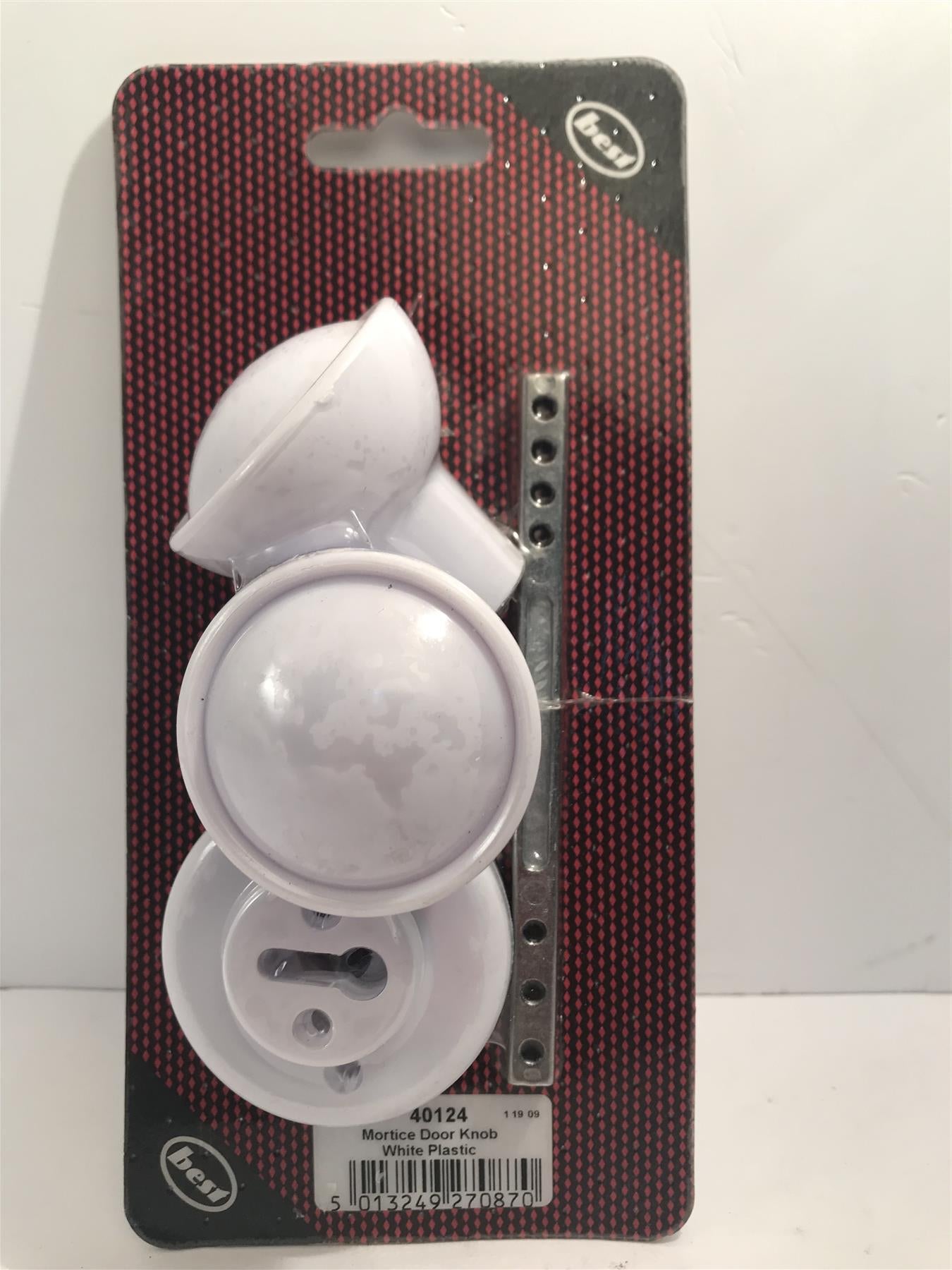 Mortice Door Knob Set in White Plastic with fitting screws,  40124