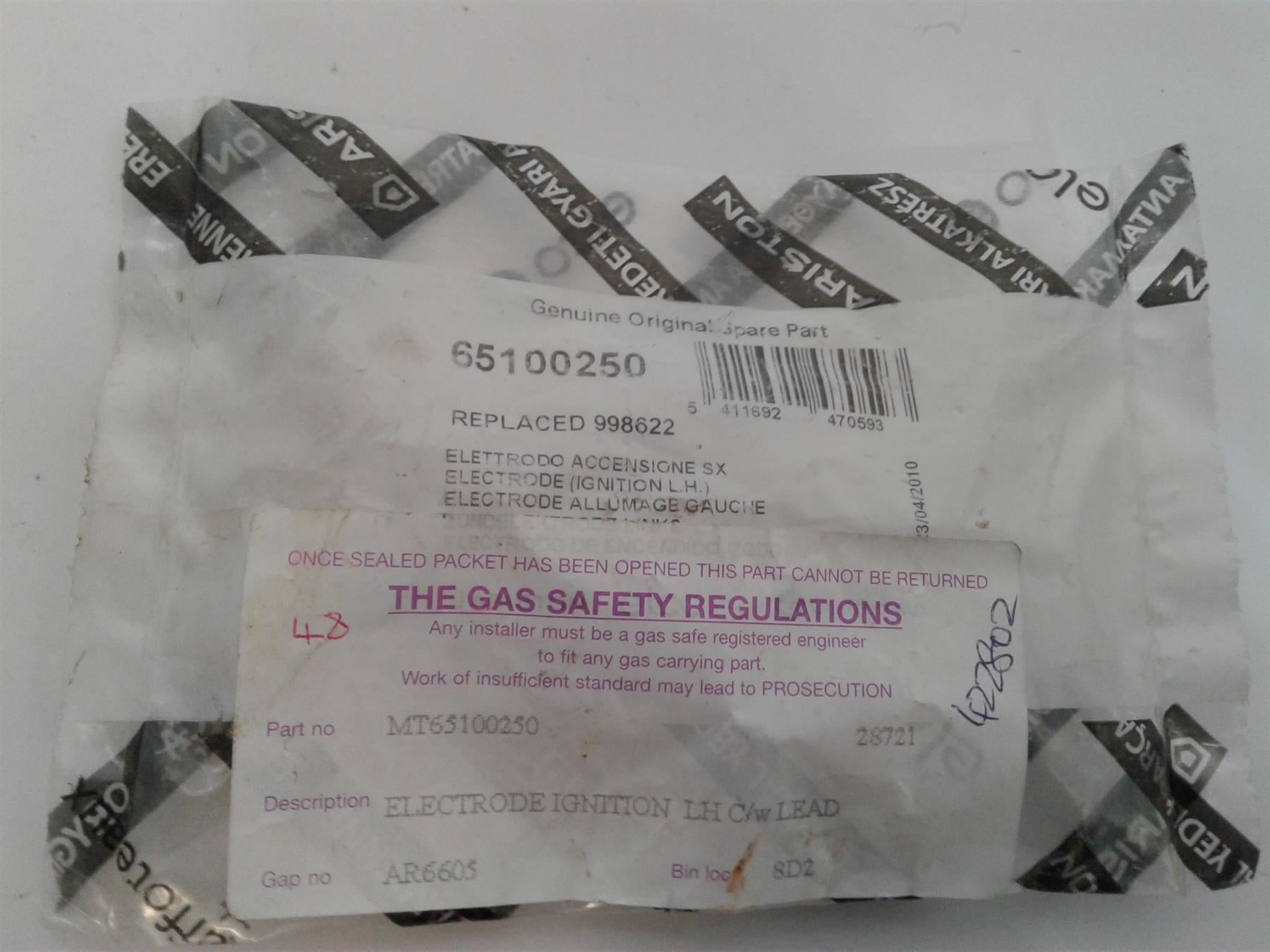 NEW ARISTON EXCALIBER 80 & 100 LEFT SIDE IGNITION ELECTRODE 998622 65100250