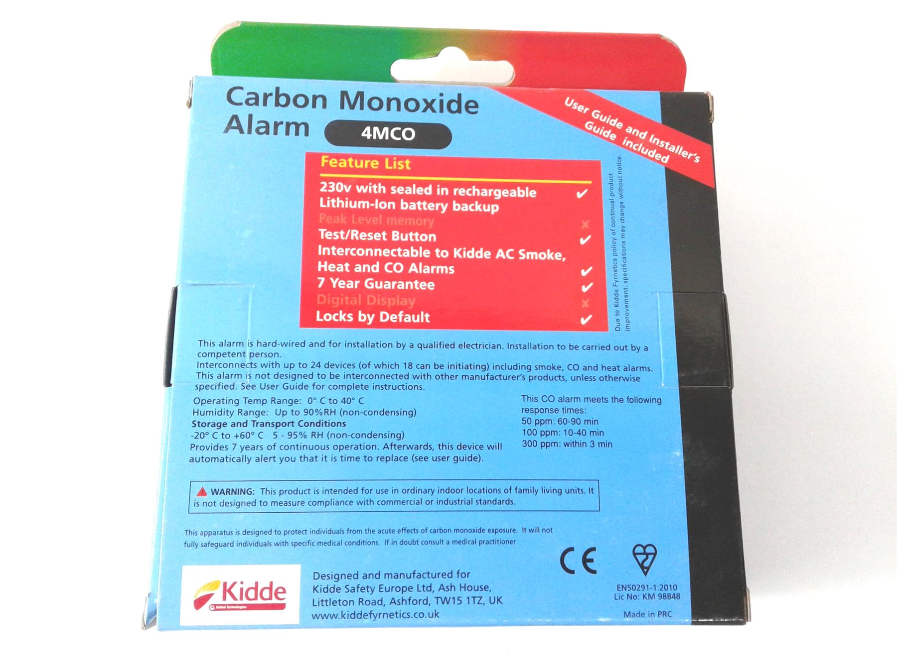 New Kidde Fyrnetics Hard Wired Mains Powered 230v CO Carbon Monoxide Alarm 4MCO