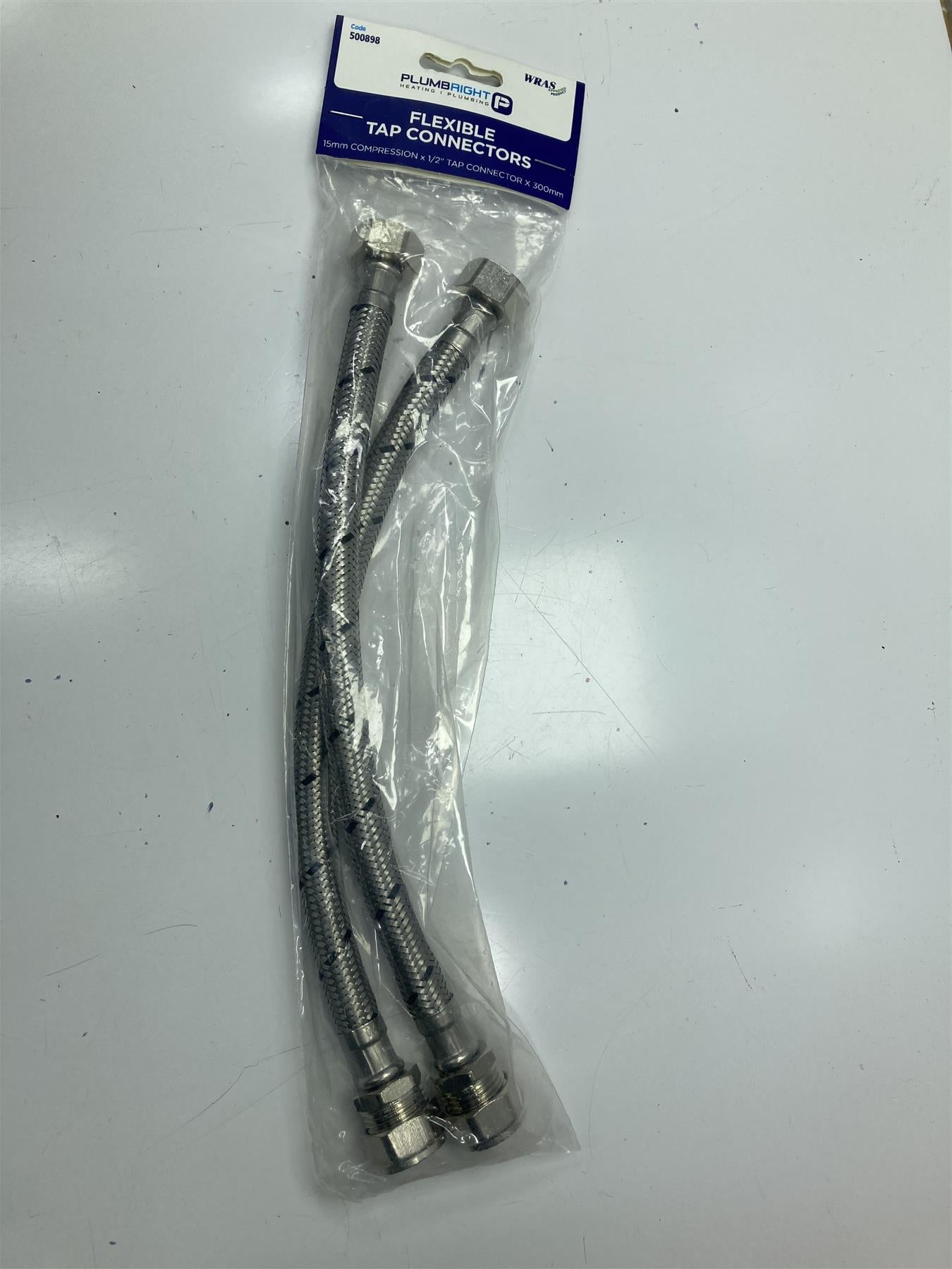 2 x Plumbright Flexible Tap Connectors 15mm Comp x 1/2" x 300mm (500898)