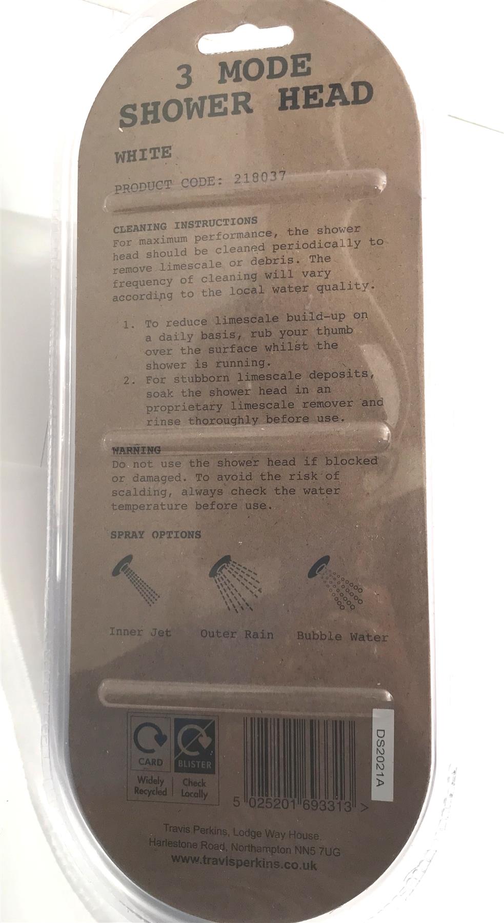 TRAVIS PERKINS WHITE 3 MODE SHOWER HEAD DS2021A