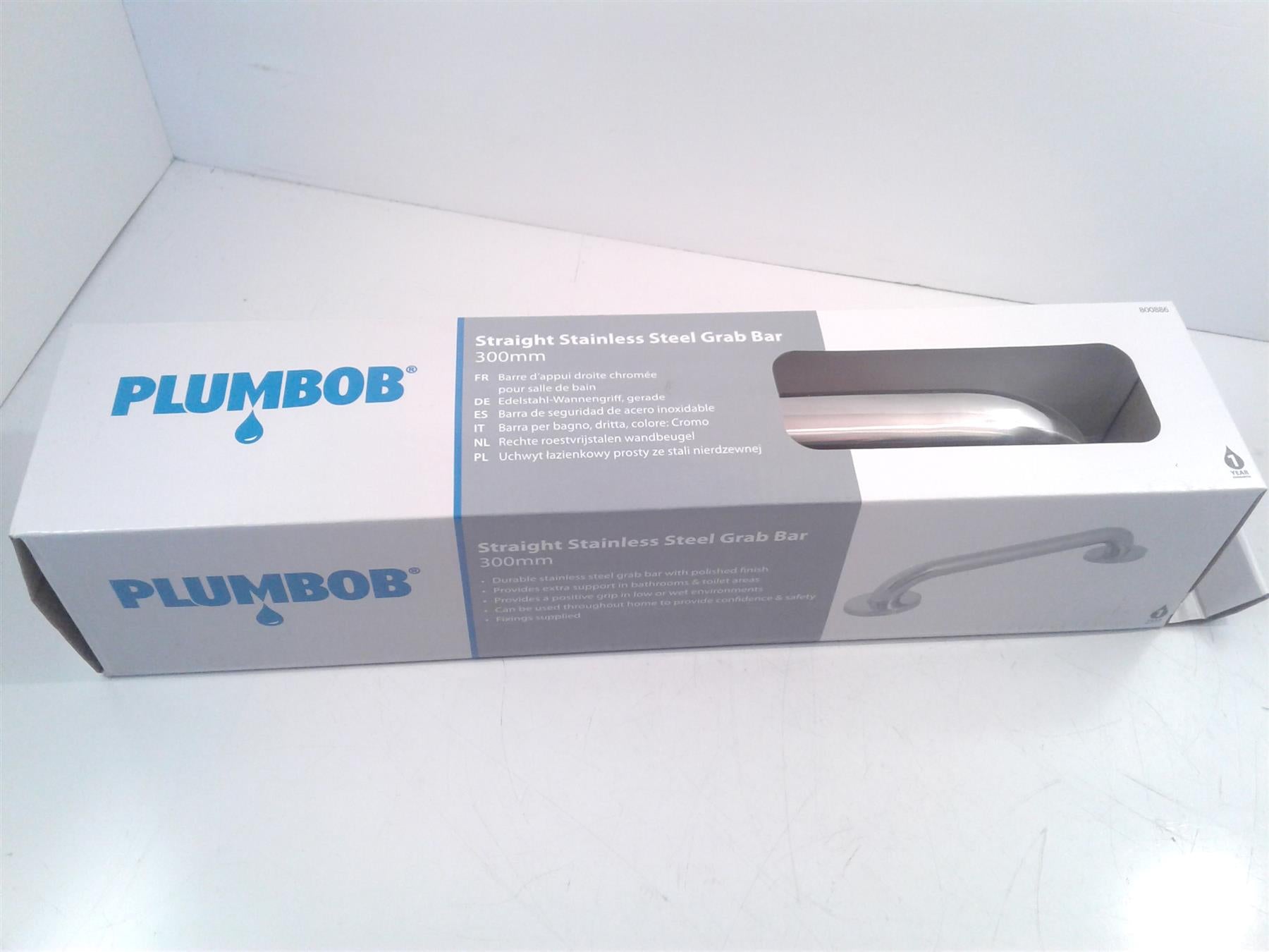 Plumbob 800886 Straight Bathroom Grab Bar Polished Stainless Steel 300mm