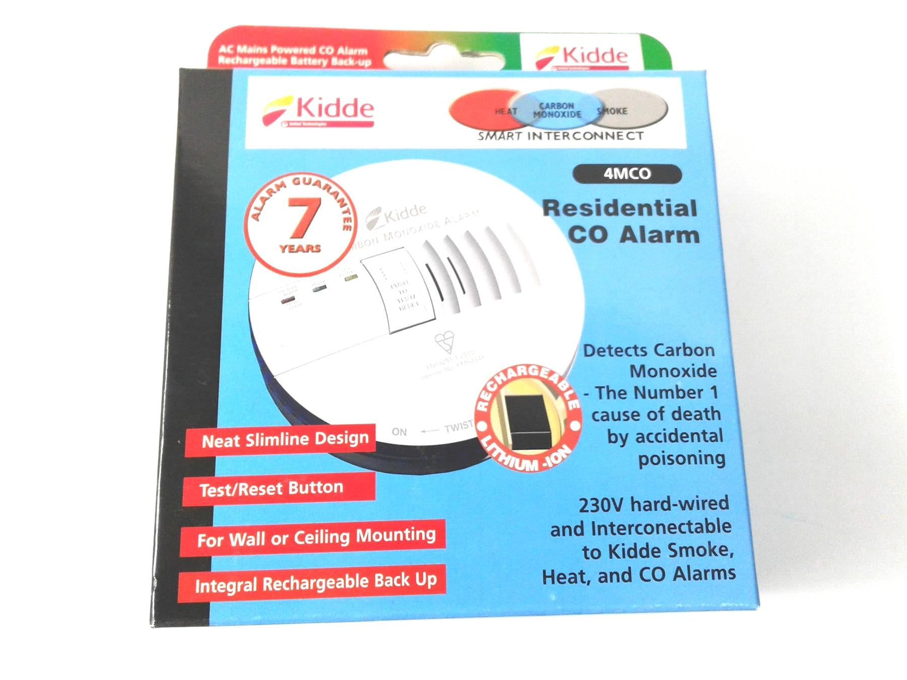 New Kidde Fyrnetics Hard Wired Mains Powered 230v CO Carbon Monoxide Alarm 4MCO