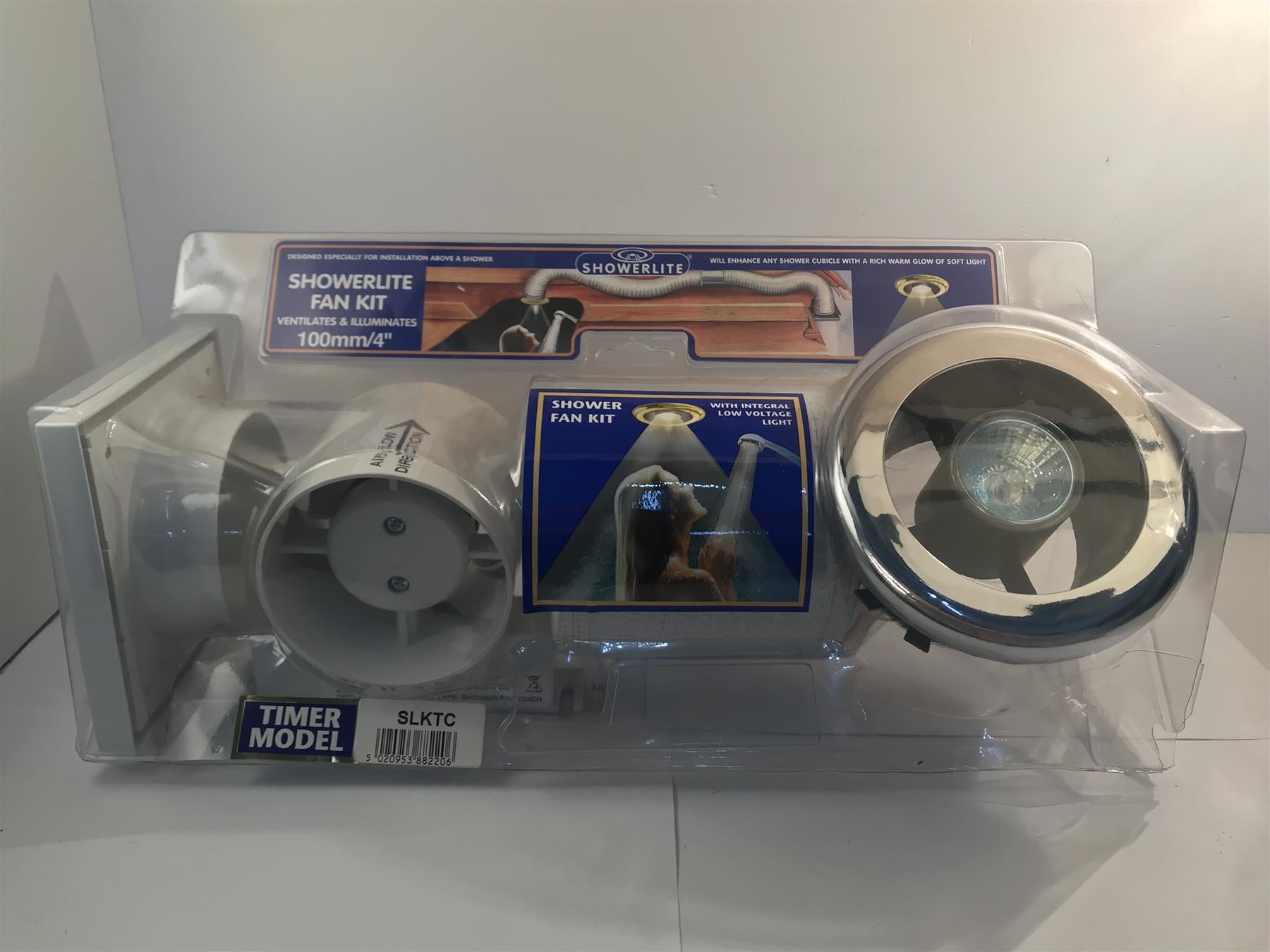Showerlite Fan Kit Ventilates & Illuminates 100mm/4" White/Chrome + Timer