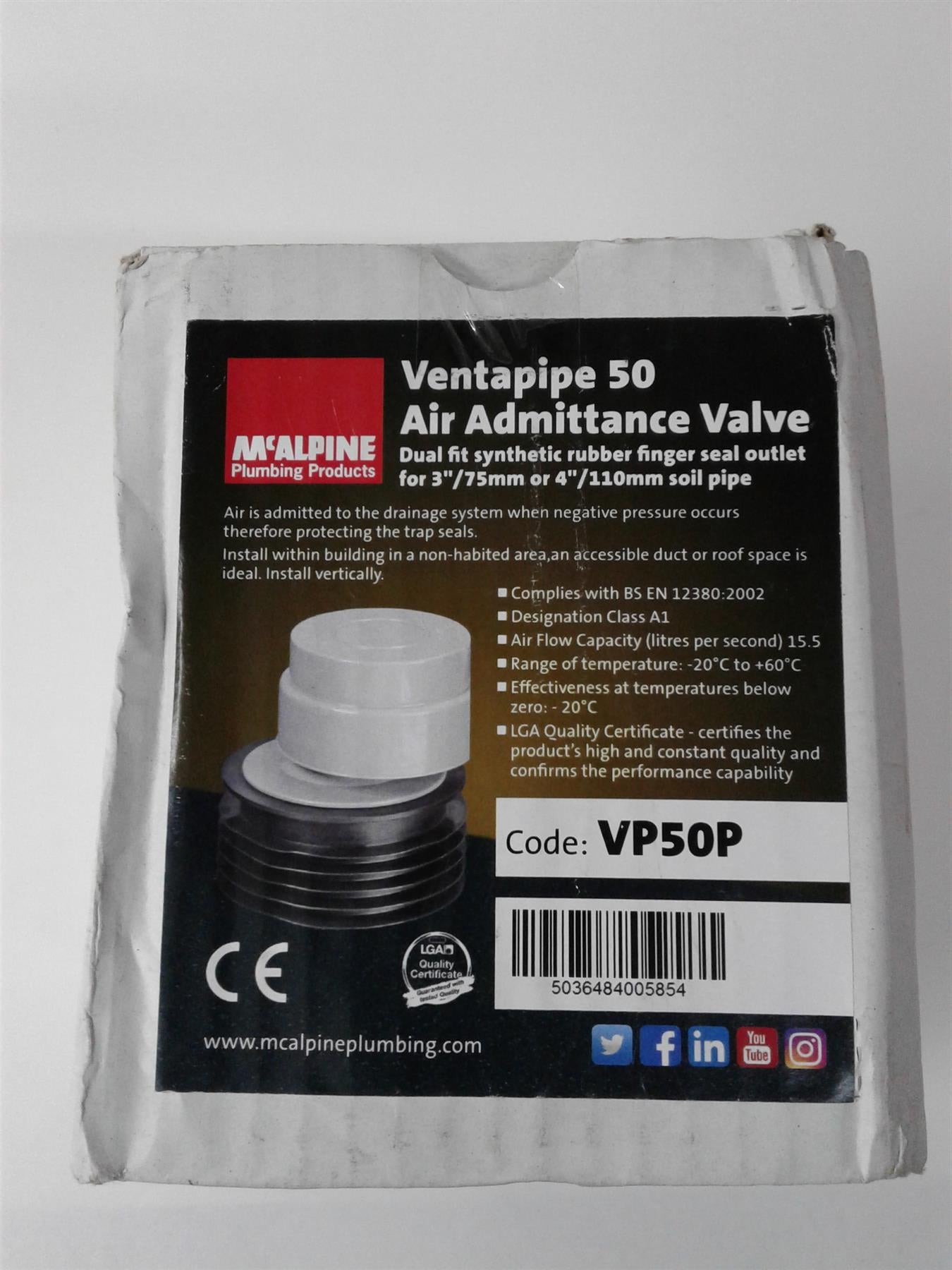 New McAlpine VP50P Air Admittance Valve 3 to 4"