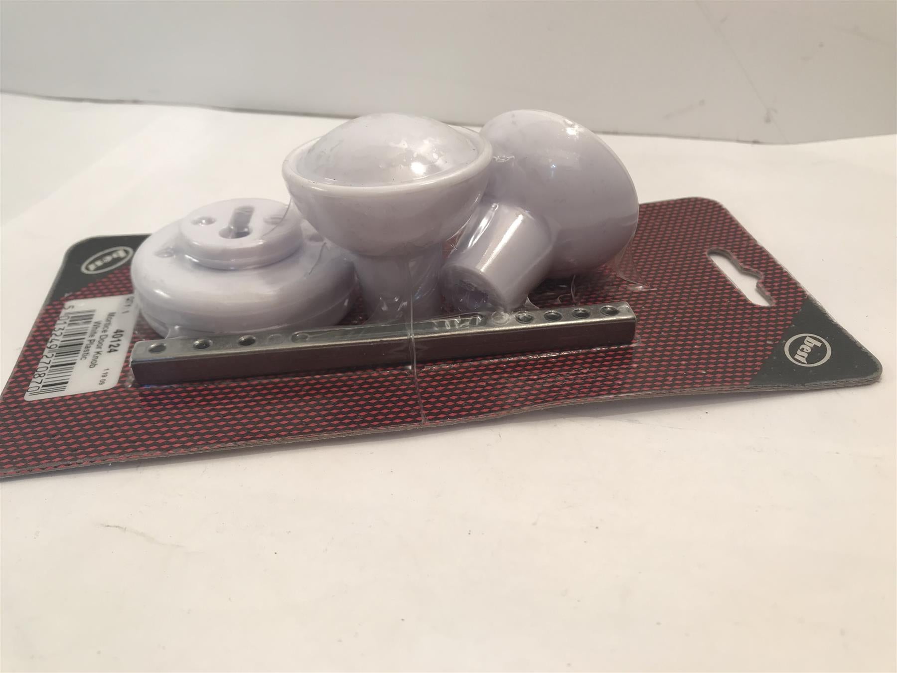 Mortice Door Knob Set in White Plastic with fitting screws,  40124