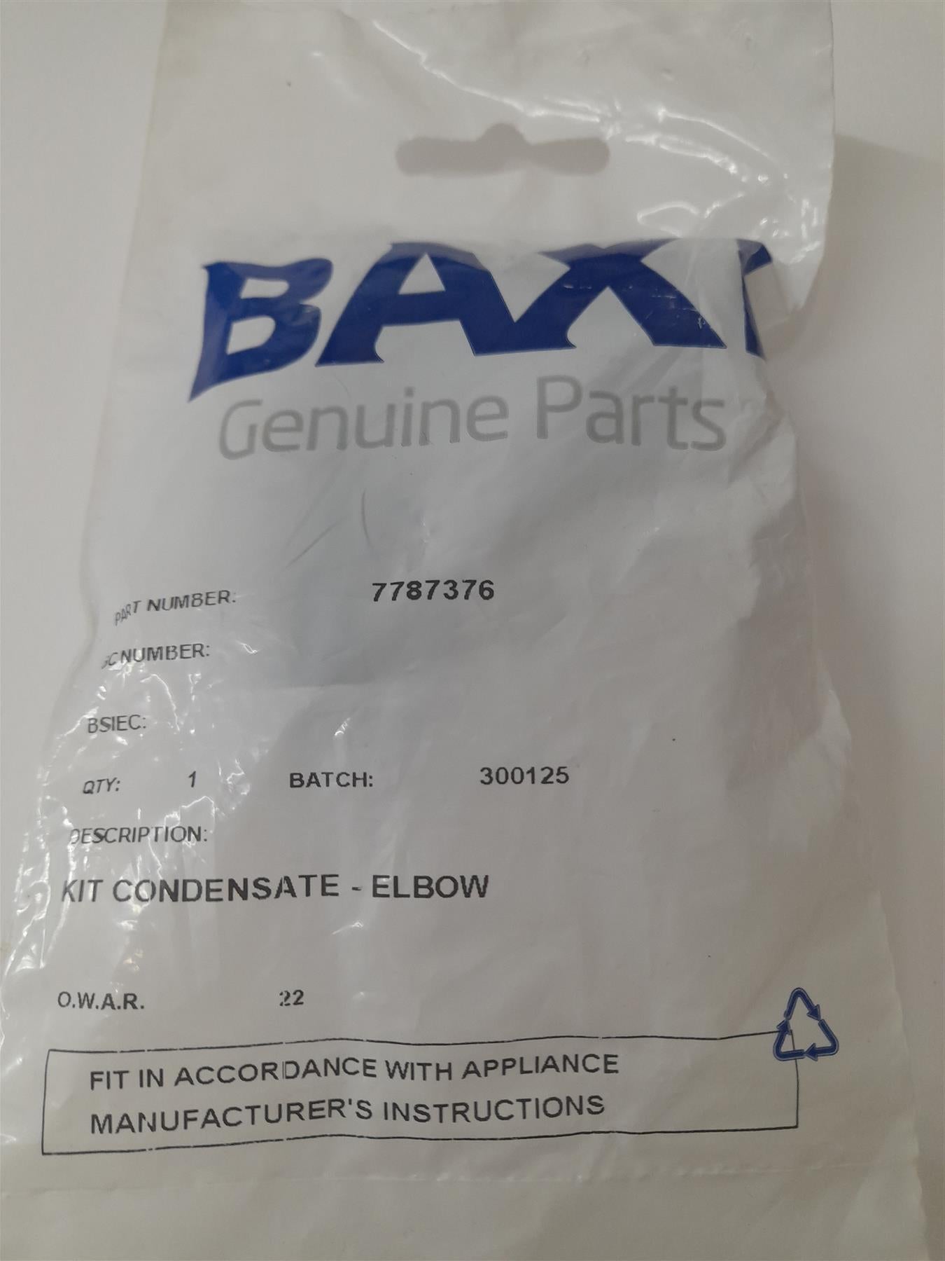 Genuine BAXI CONDENSATE ELBOW 7787376