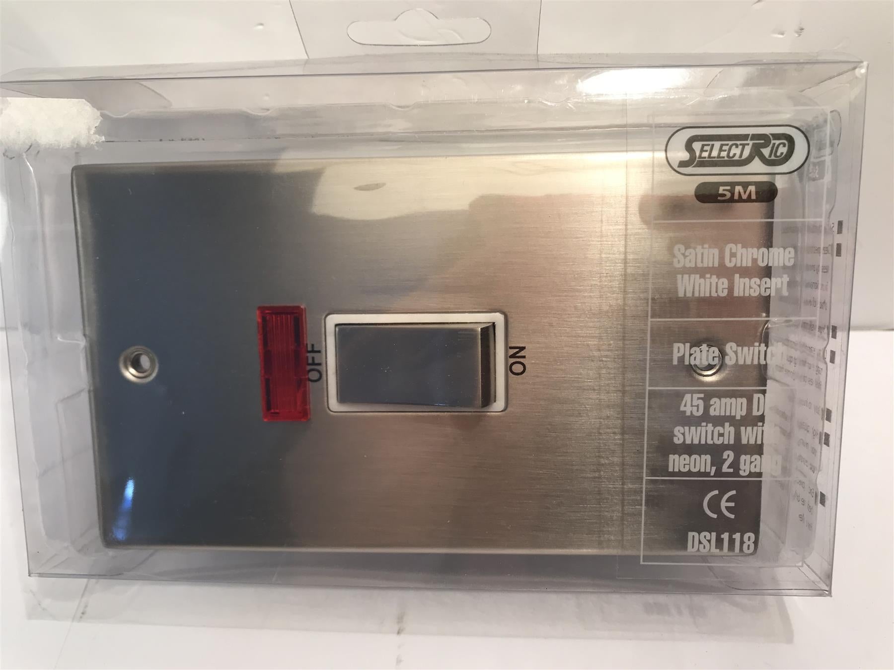 45amp DP Switch with Neon, 2 Gang Satin Chrome White Insert DSL118