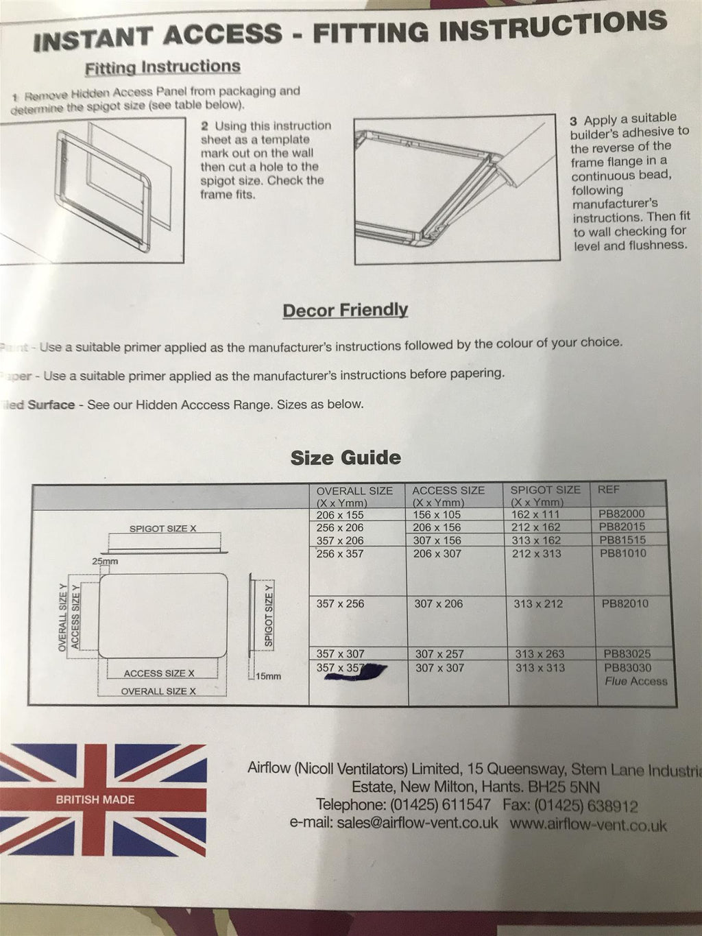 Airflow Access Panel 206mm x 307mm (8" x 12")  PB81010
