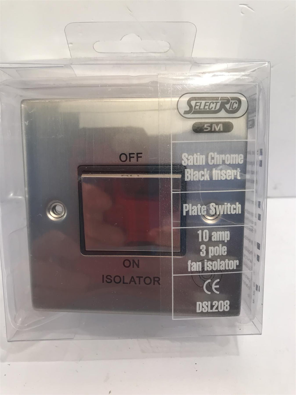 Satin Chrome Black Insert plate Switch 10A 3 Pole Fan Isolator DSL208