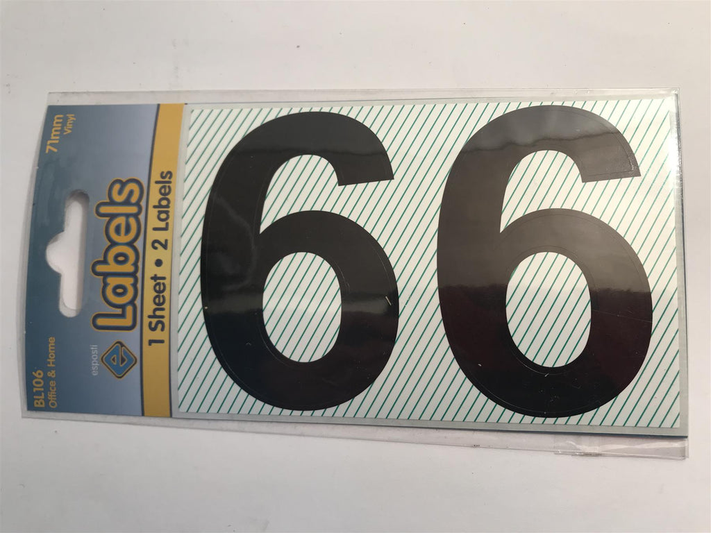 Esposti Large Black Vinyl Sticker No. 6 -  71mm (2 Pack) BL106