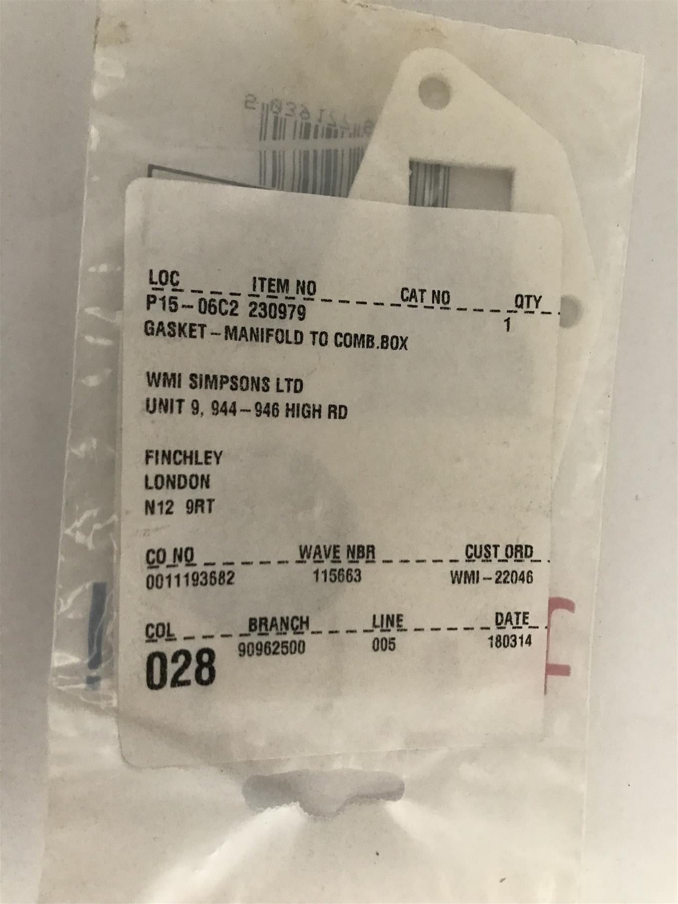 BAXI SOLO MANIFOLD TO COMBUSTION BOX GASKET 230979