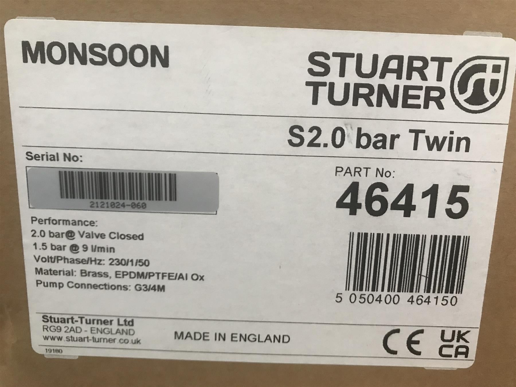 Stuart Turner Shower Pump Monsoon S2.0 Bar Twin Impeller Positive Head 46415
