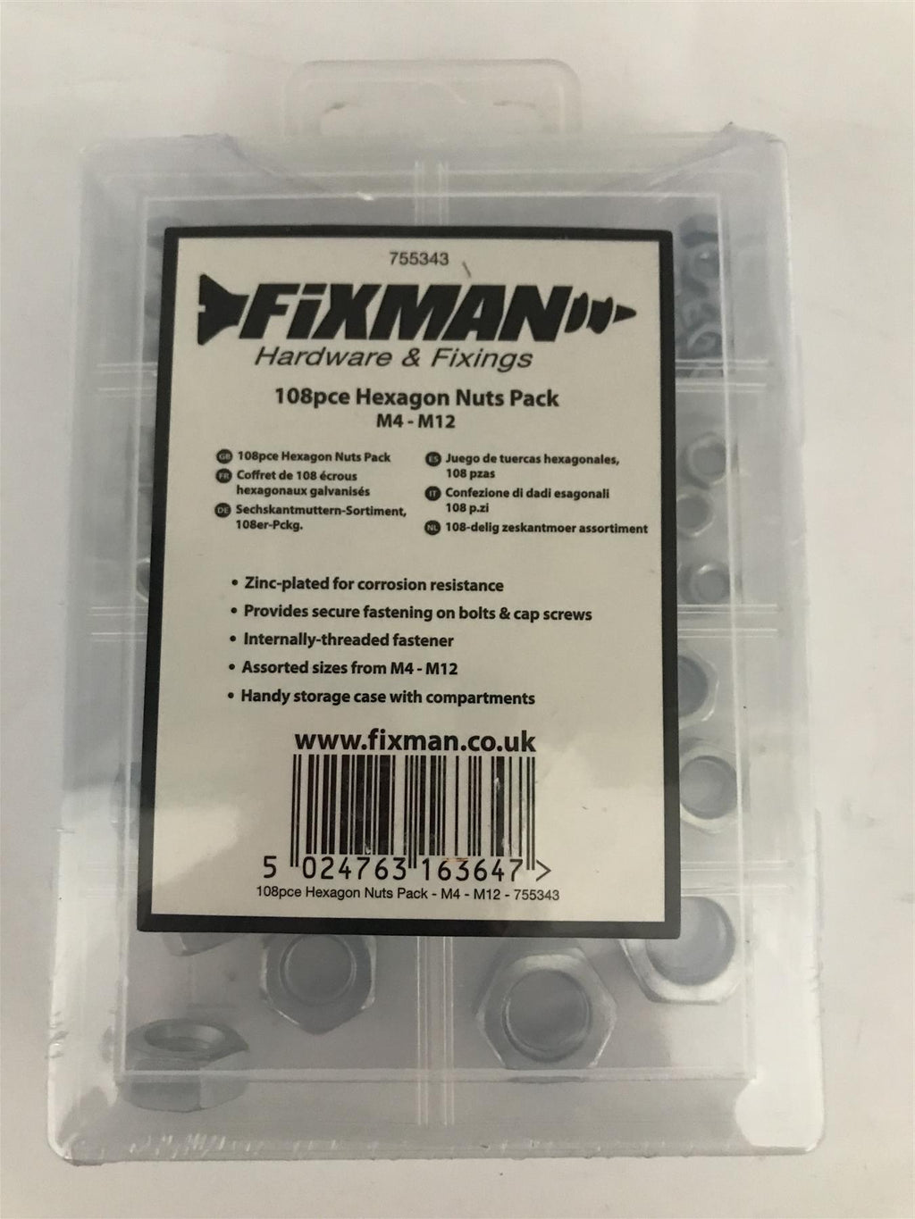 Fixman 108pc Hexagon Nuts Pack M4-M12  755343