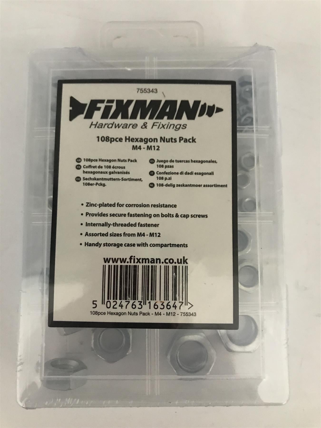 Fixman 108pc Hexagon Nuts Pack M4-M12  755343
