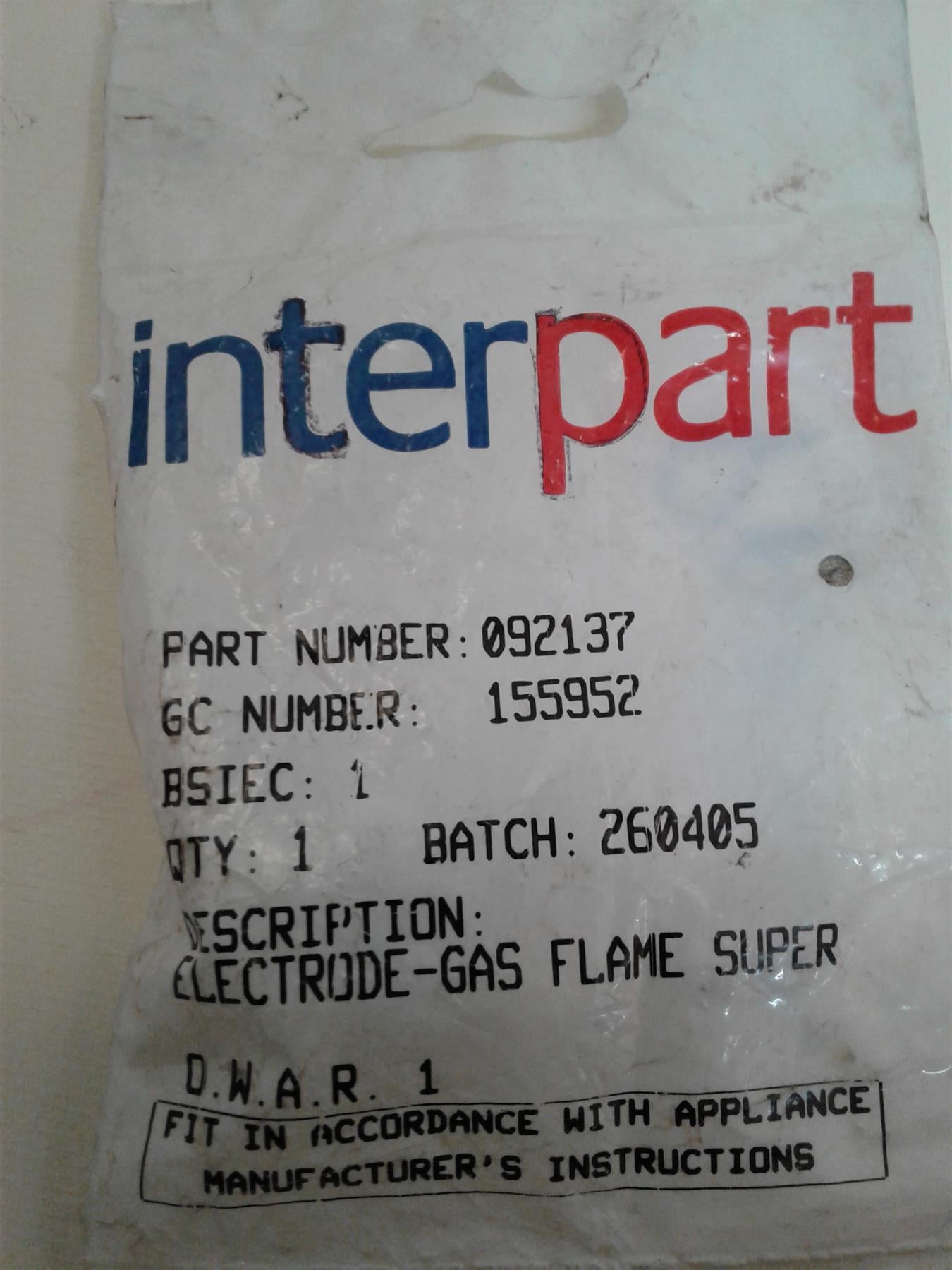 BAXI BERMUDA BAROQUE 092137 GAS FLAME ELECTRODE SUPER