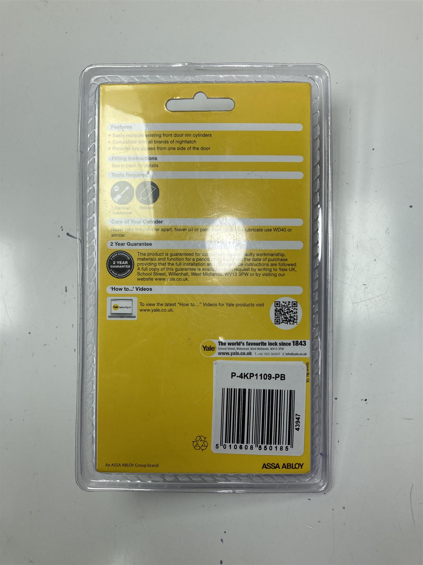 Yale Locks P-4KP1109-PB Replacement Rim Cylinder 4 Keys Polished Brass