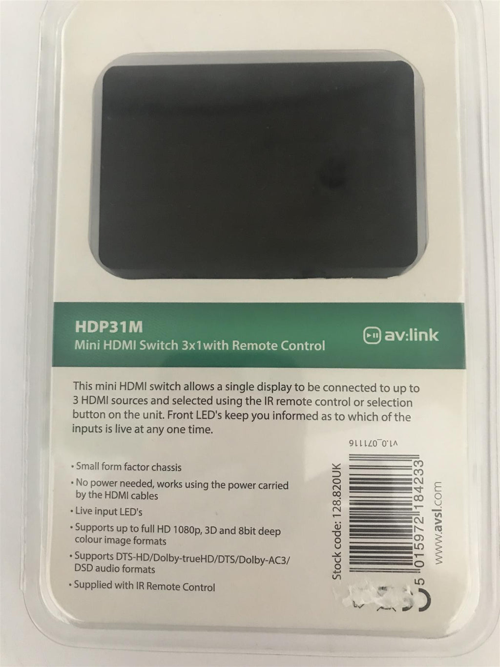 av:link Mini HDMI Switch 3 x 1  with Remote Control  HDP31M