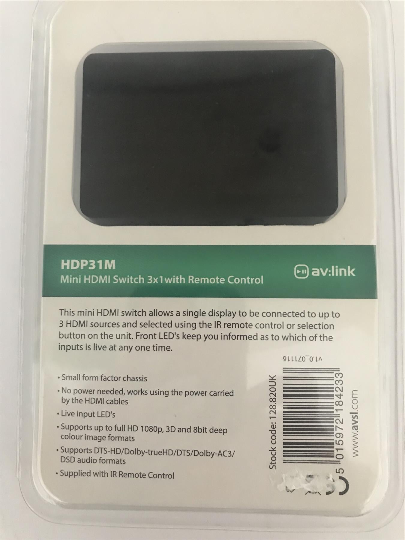 av:link Mini HDMI Switch 3 x 1  with Remote Control  HDP31M