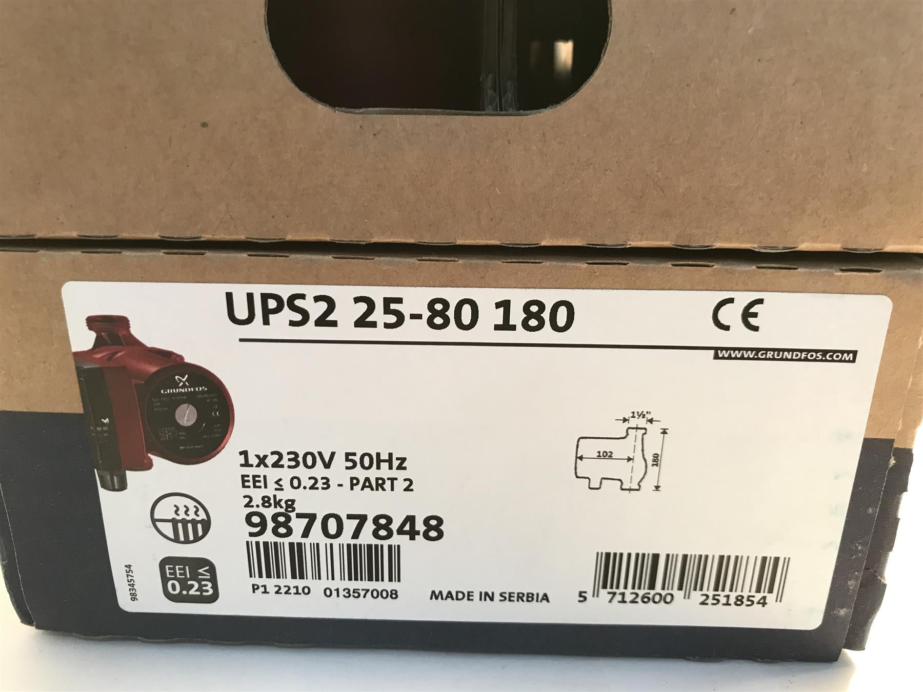 Grundfos UPS2 25-80 180 Heating Circulating Pump 98707848