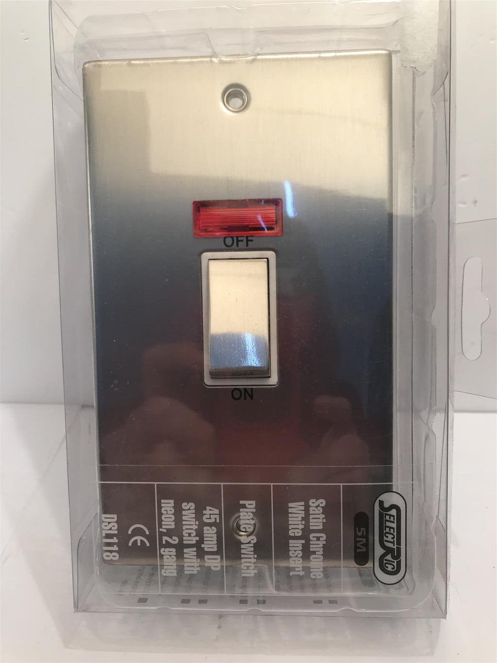 45amp DP Switch with Neon, 2 Gang Satin Chrome White Insert DSL118