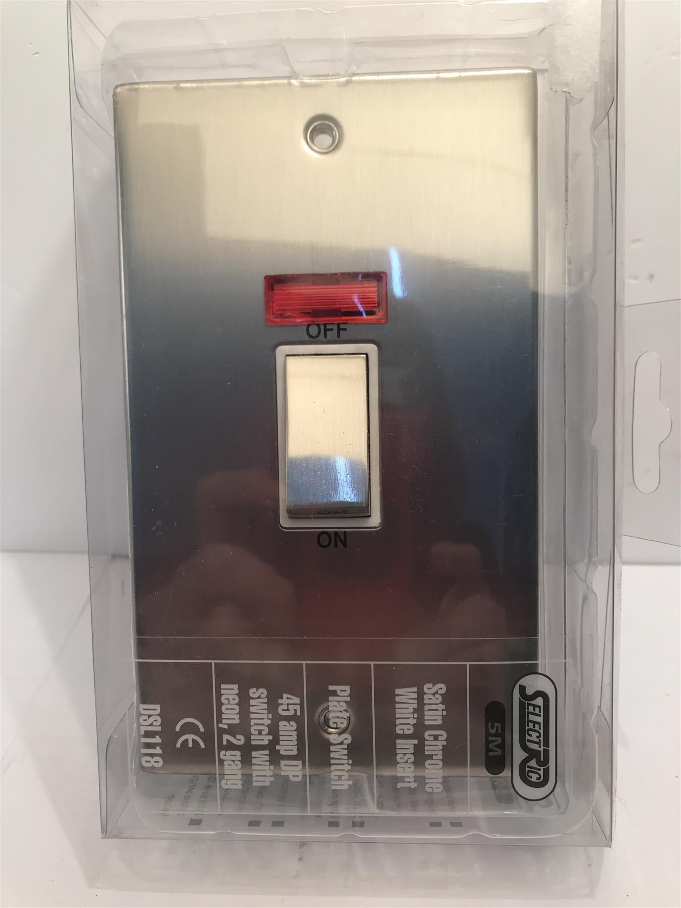 45amp DP Switch with Neon, 2 Gang Satin Chrome White Insert DSL118