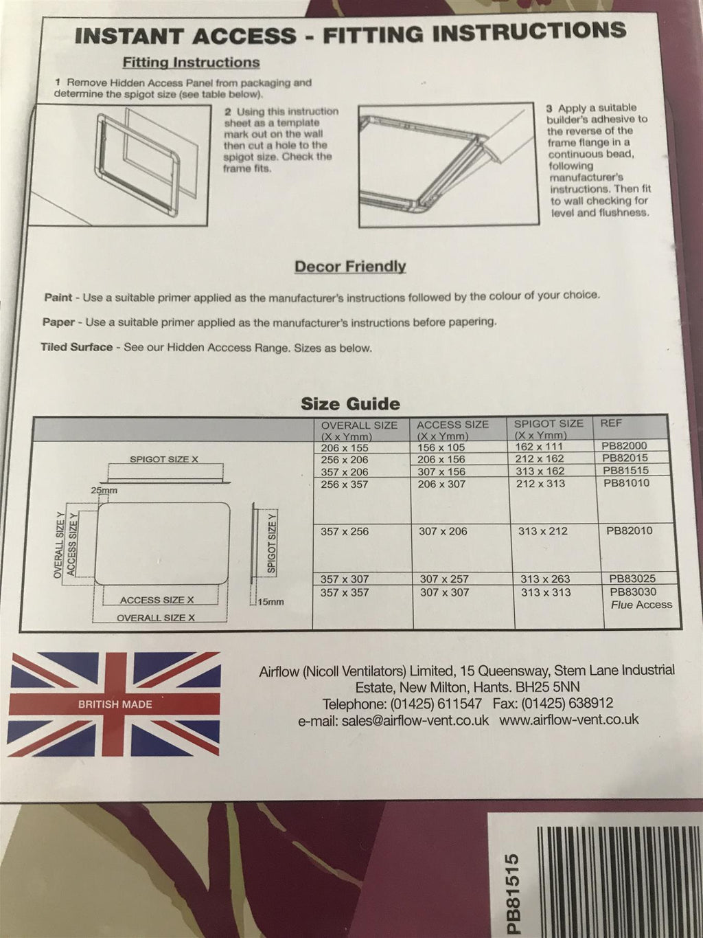 Airflow Access Panel 307mm x 156mm (12" x 6")  PB81515
