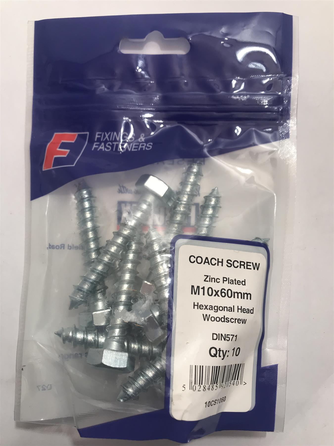 ForgeFix Coach Screw Zinc Plated M10x60mm Hexagon Head 10CS1060 (10 Pk)