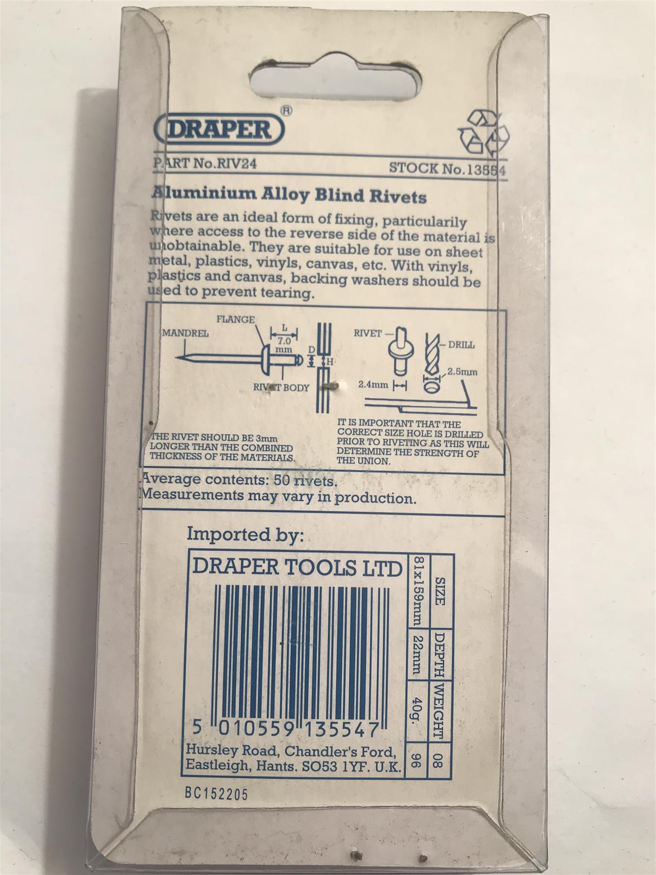 Draper Blind Rivets 2.4 x 7.0mm (Pk 50) 13554