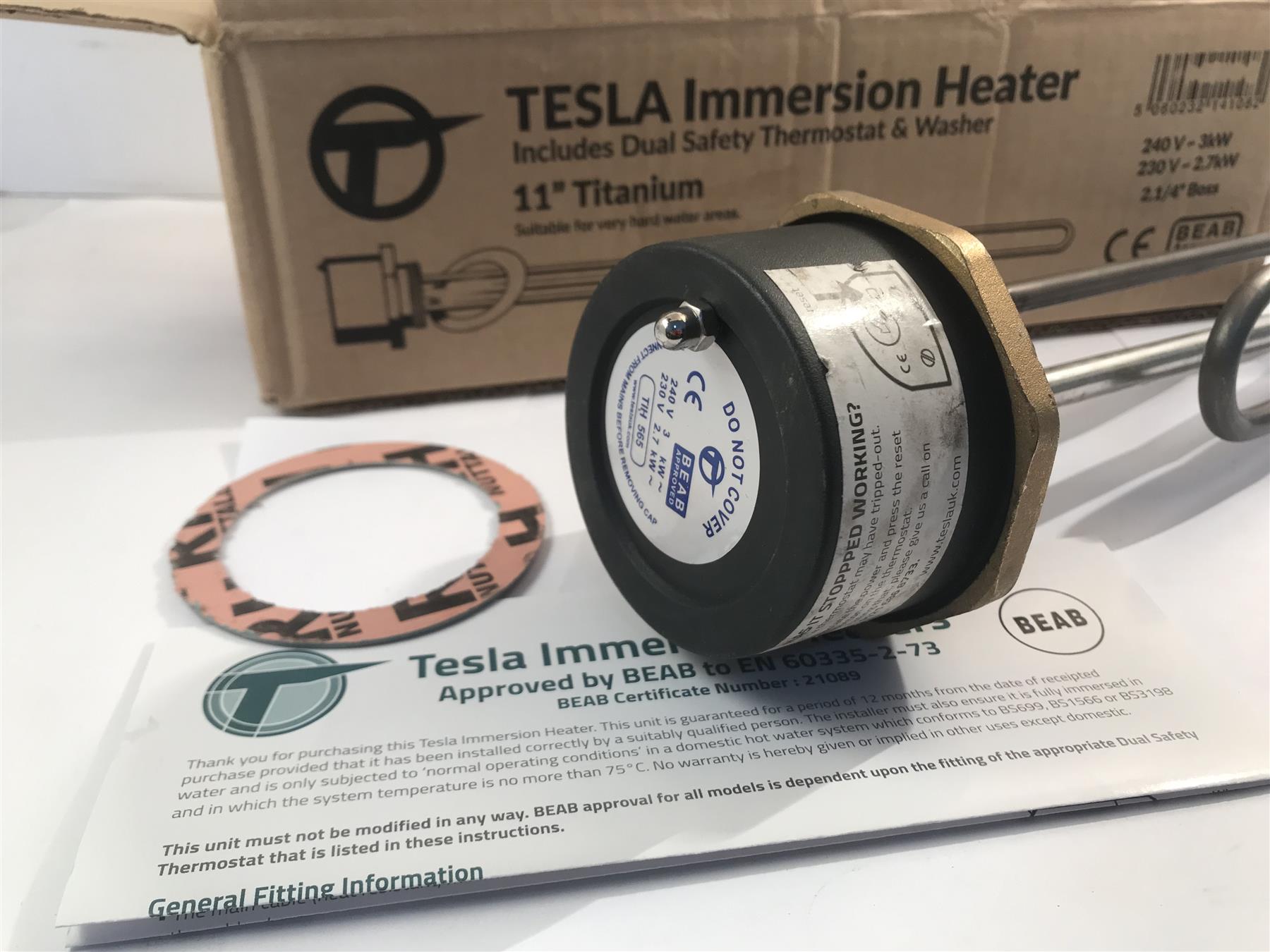 Tesla 11" Immersion Heater 2 1/4 BSP TITANIUM 7" Stat 3KW Dual Safety TIH565