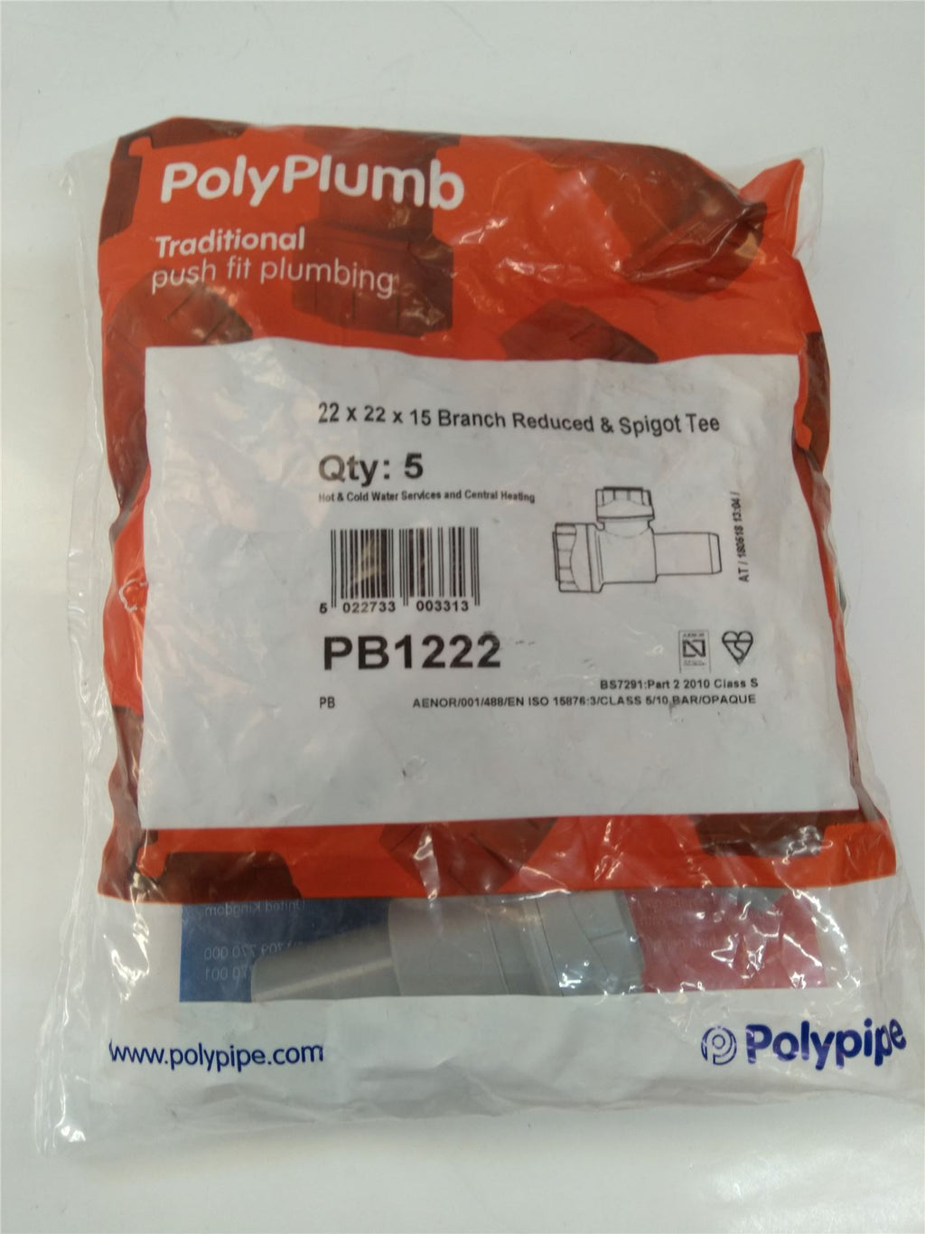 New Polyplumb Branch Reduced Spigot Tee 22 x 22 x 15mm PB1222  Bag of 5