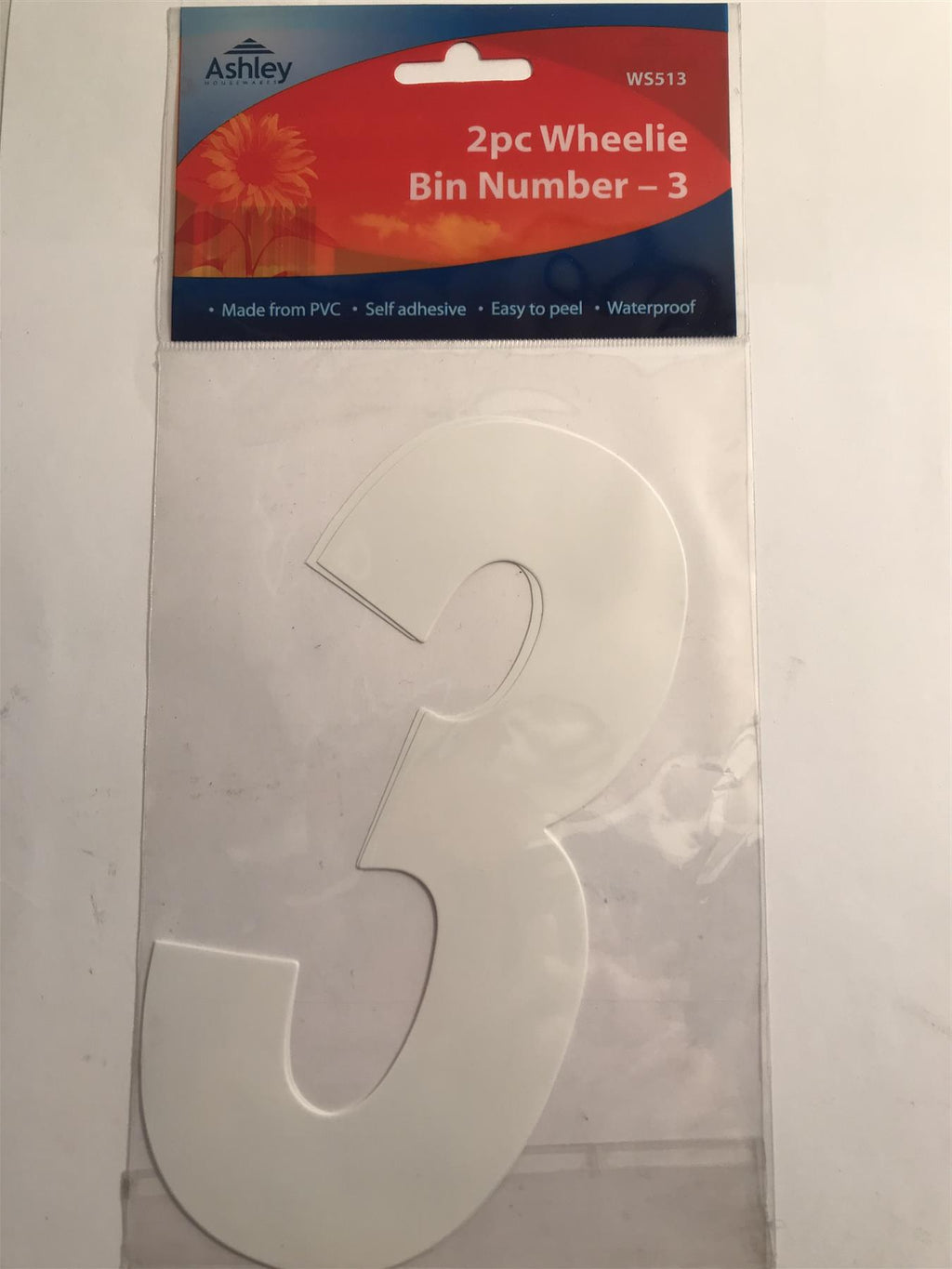 Ashley 2 Pack White Self Adhesive Wheelie Bin Sticker Number 3  WS513