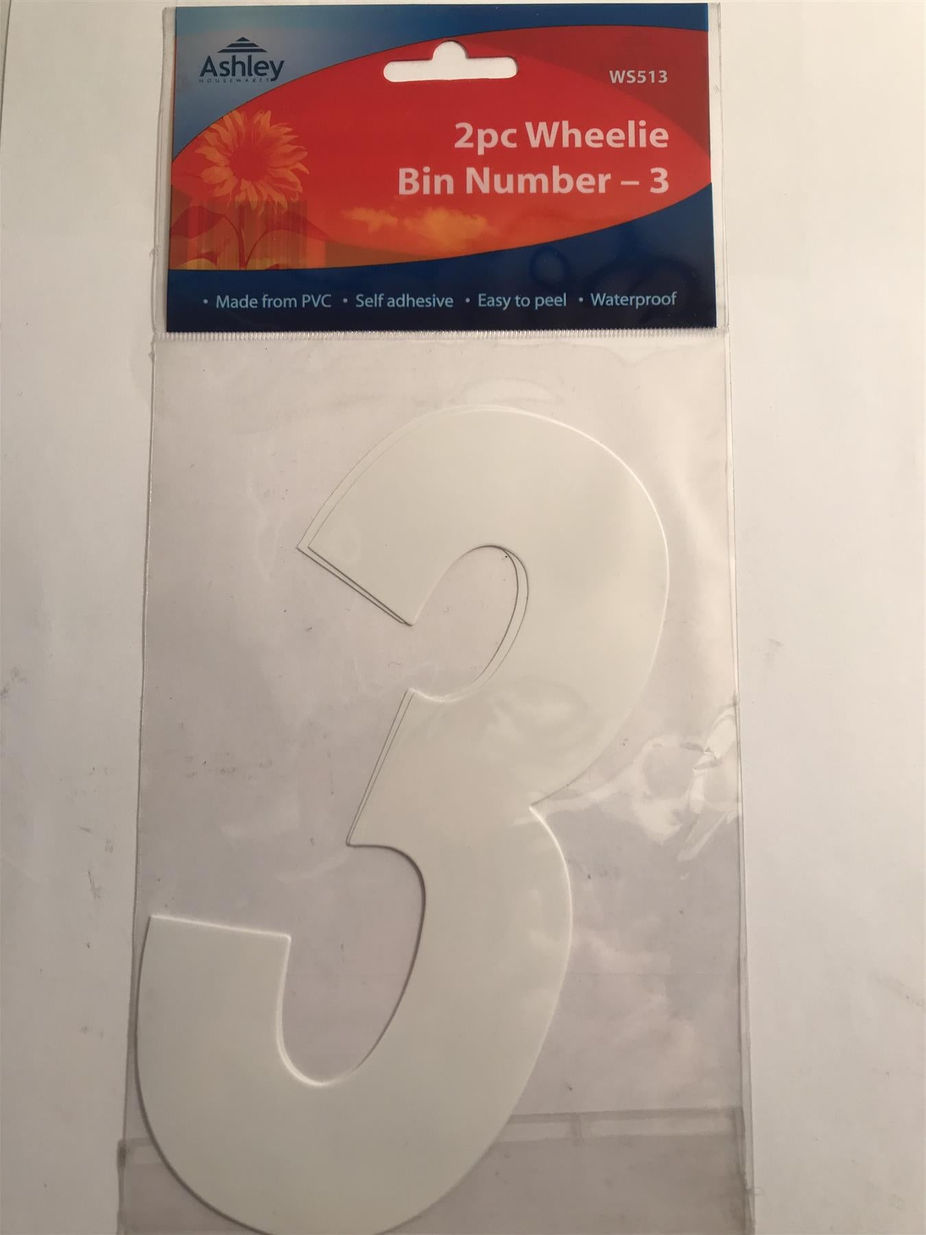 Ashley 2 Pack White Self Adhesive Wheelie Bin Sticker Number 3  WS513