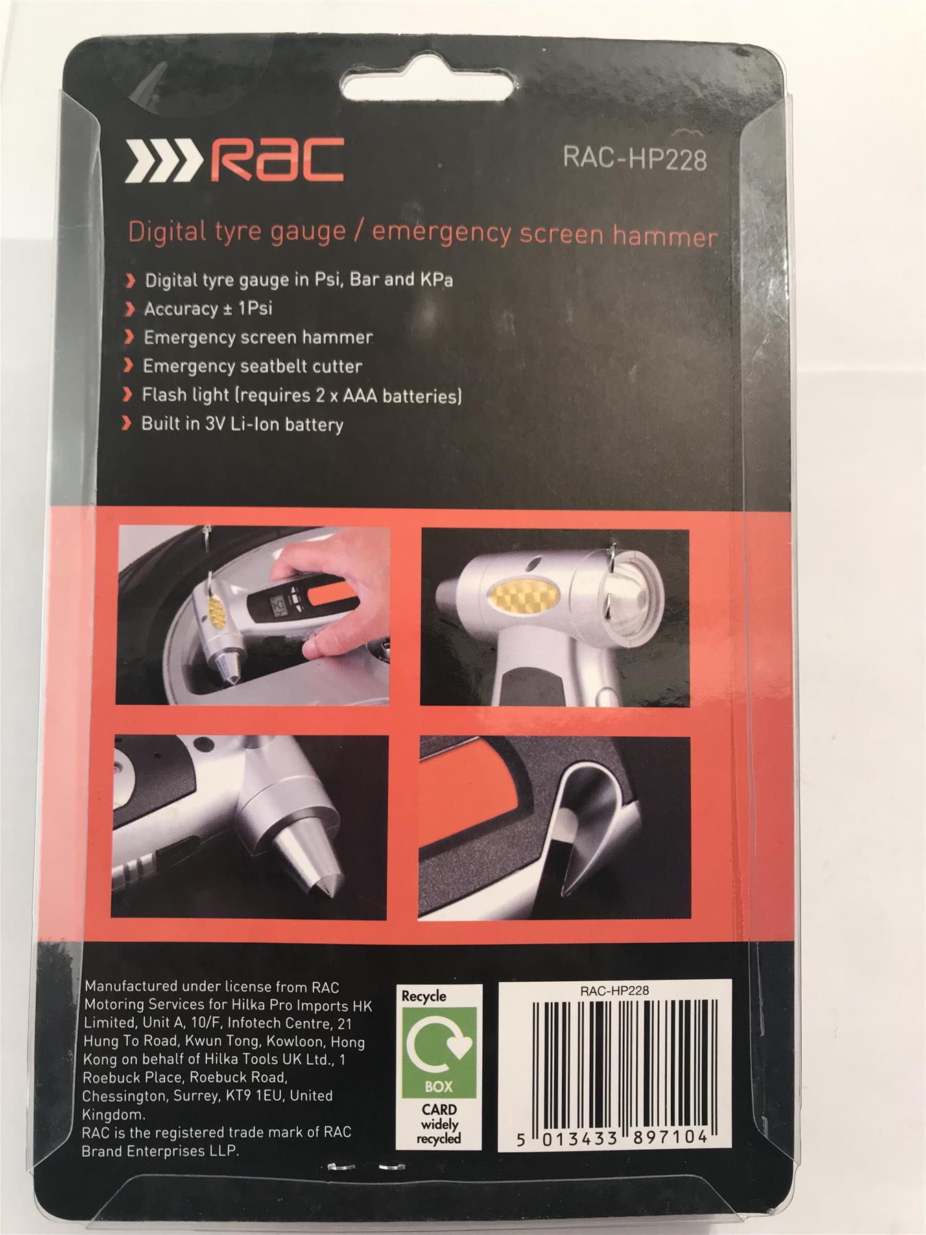 Digital Tyre Gauge, Emergency hammer Seatbelt Cutter Flash light RAC-HP228