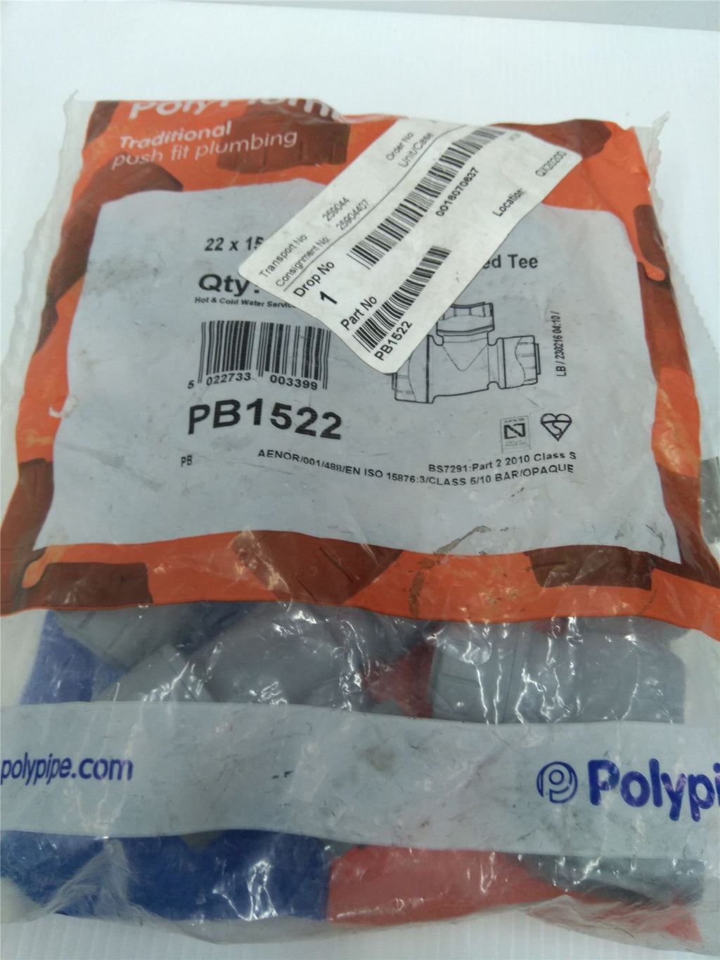 New PolyPlumb 22mm X 15mm X 15mm Branch & One End Reduced Tee Grey Pack Of 5