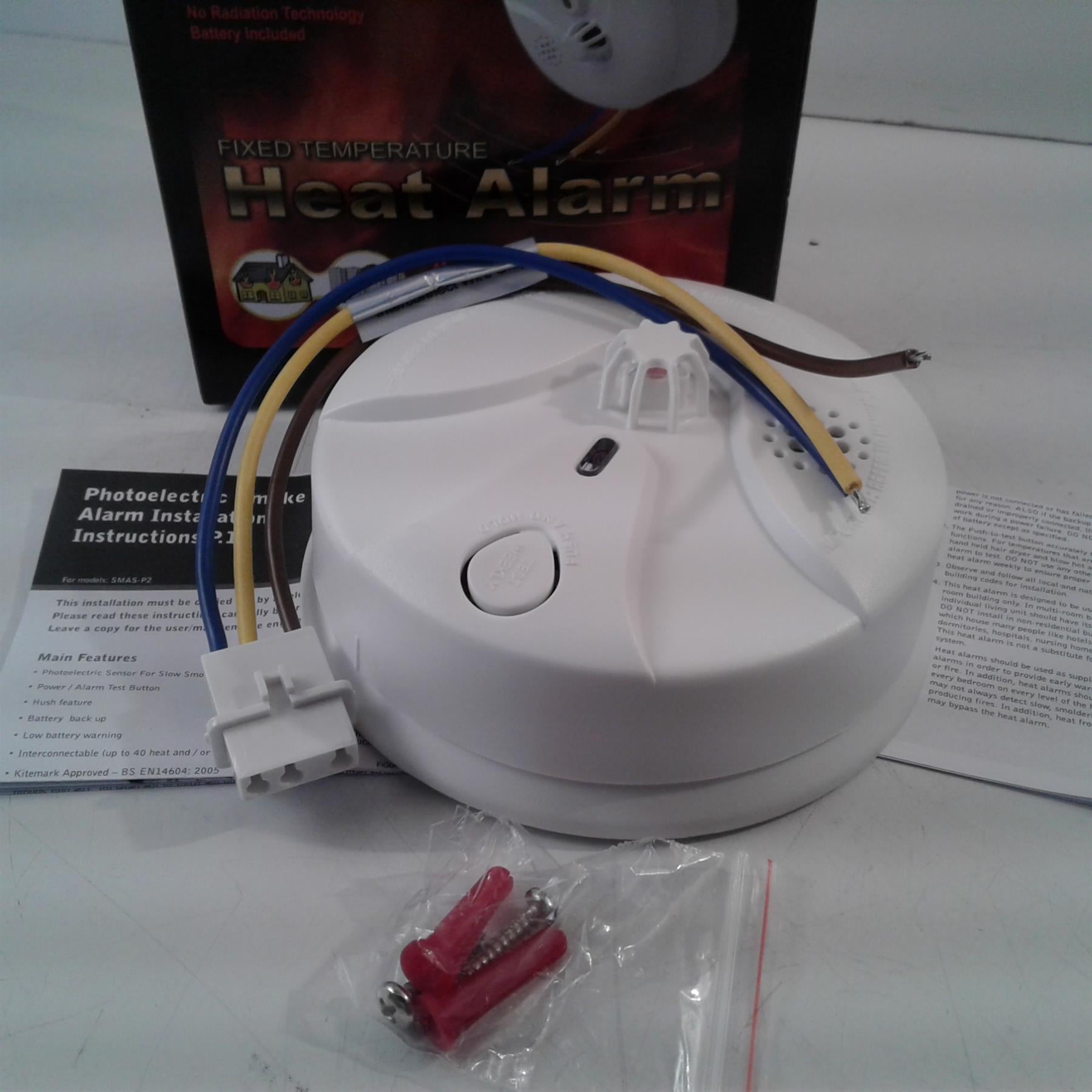 Heat Alarm Detector 220-240v Mains Hard Wired w/ 9v Battery Backup