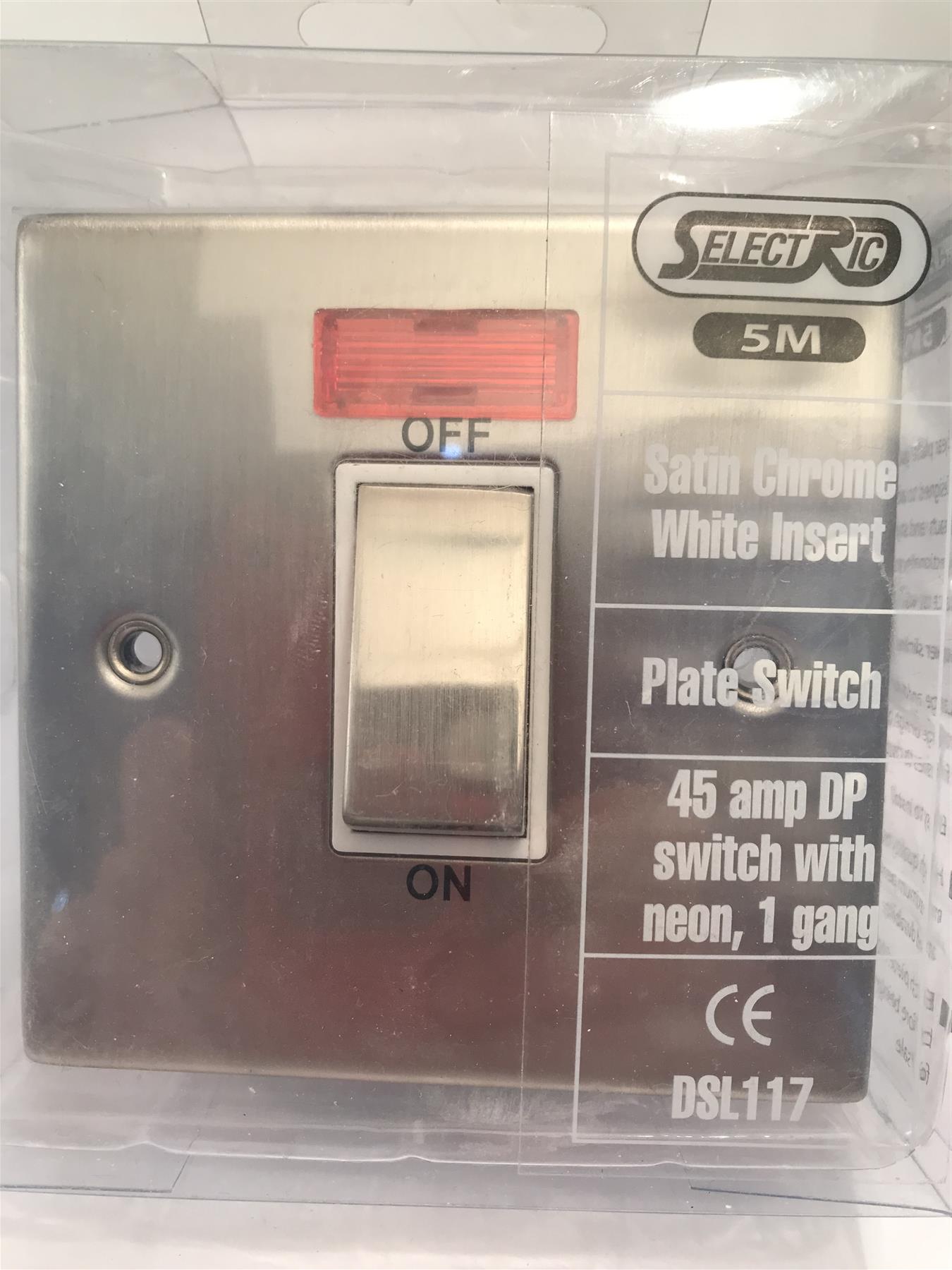 Satin Chrome White Insert Plate Switch 45amp DP Switch Neon 1 gang DSL117