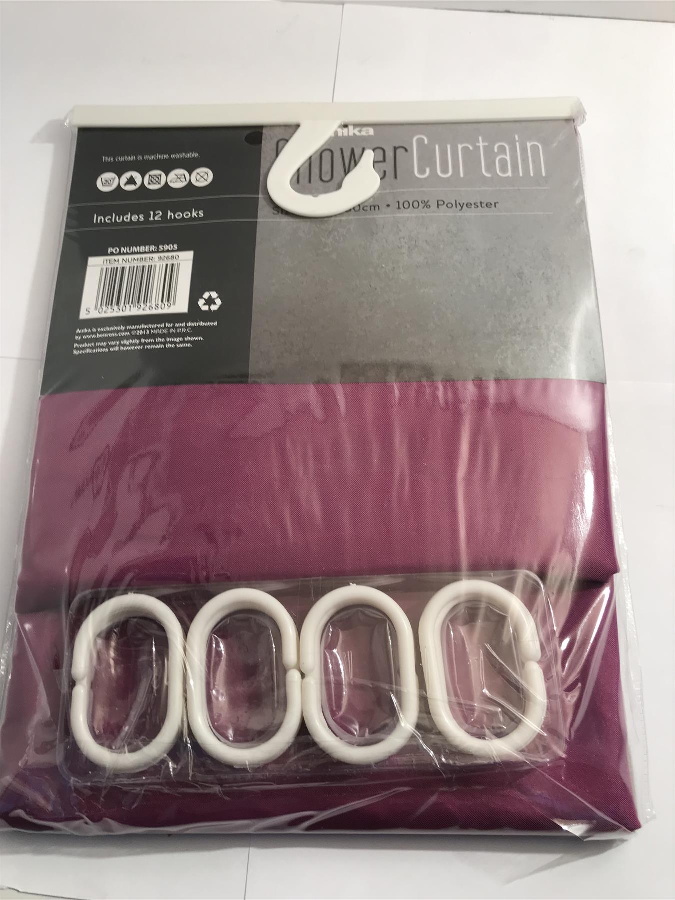 Anika Shower Curtain with 12 Hooks 180x180cm Purple 92680 New