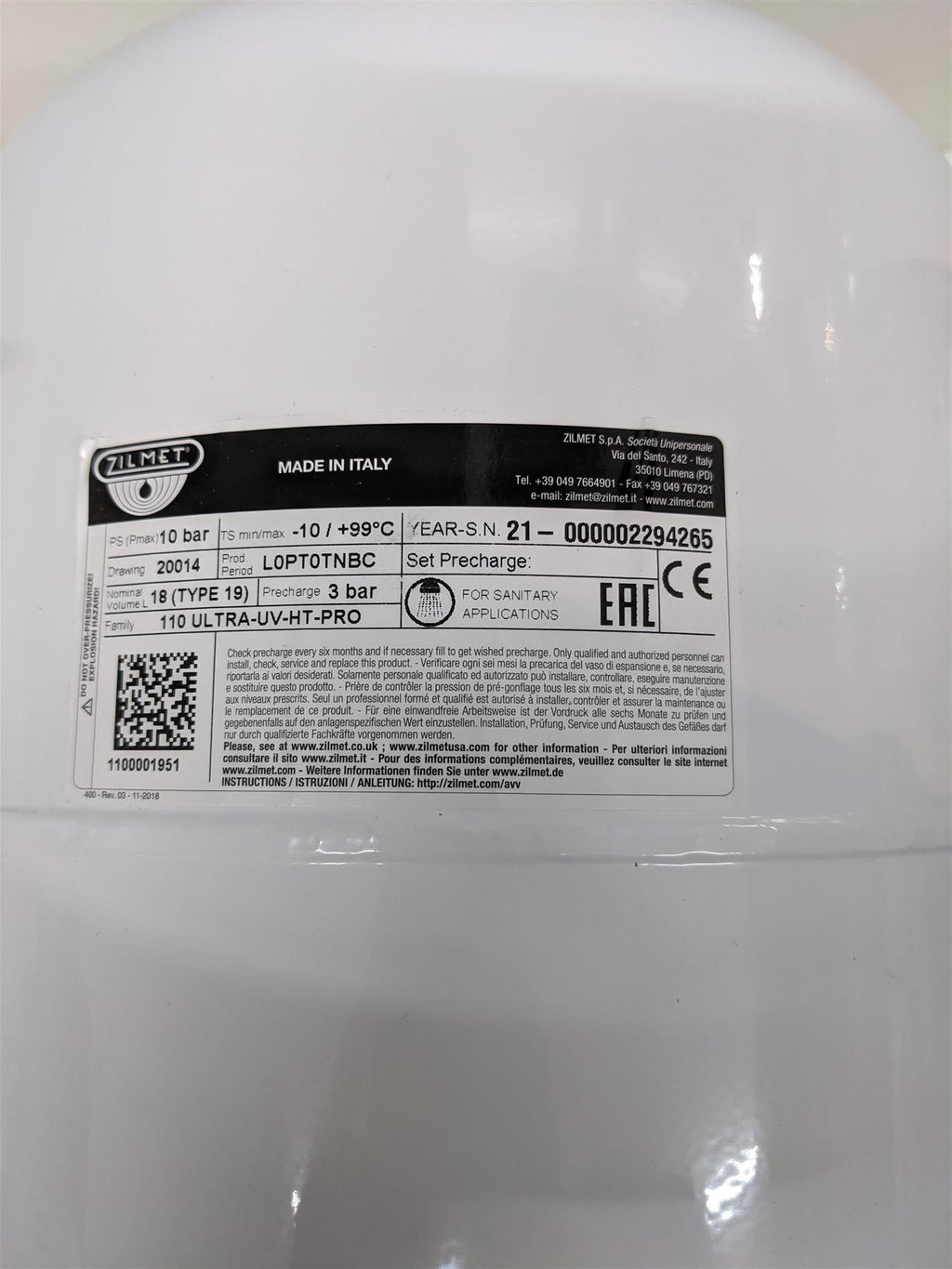 Zilmet Ultra Pro 19 Litre Potable Expansion Vessel 1100001951 22mm Connection