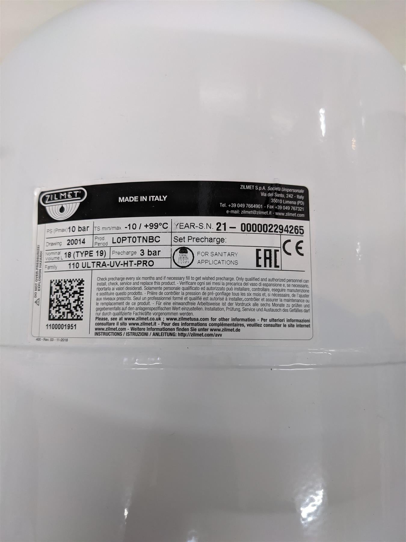 Zilmet Ultra Pro 19 Litre Potable Expansion Vessel 1100001951 22mm Connection