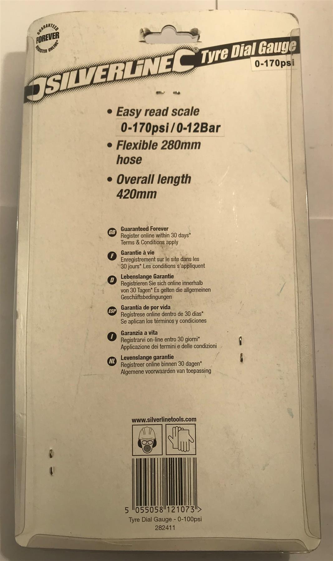 Silverline Tyre Dial Gauge 0-170psi 0-12Bar 280mm Flexible Hose  282411