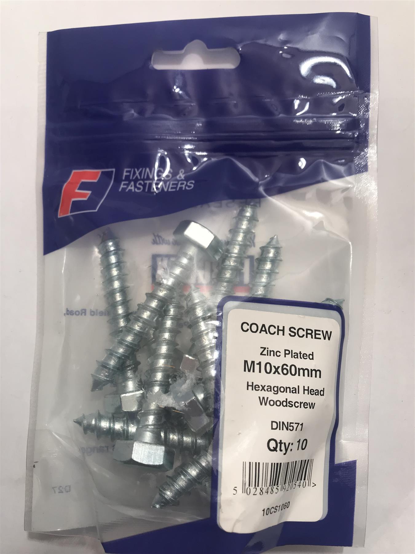 ForgeFix Coach Screw Zinc Plated M10x60mm Hexagon Head 10CS1060 (10 Pk)