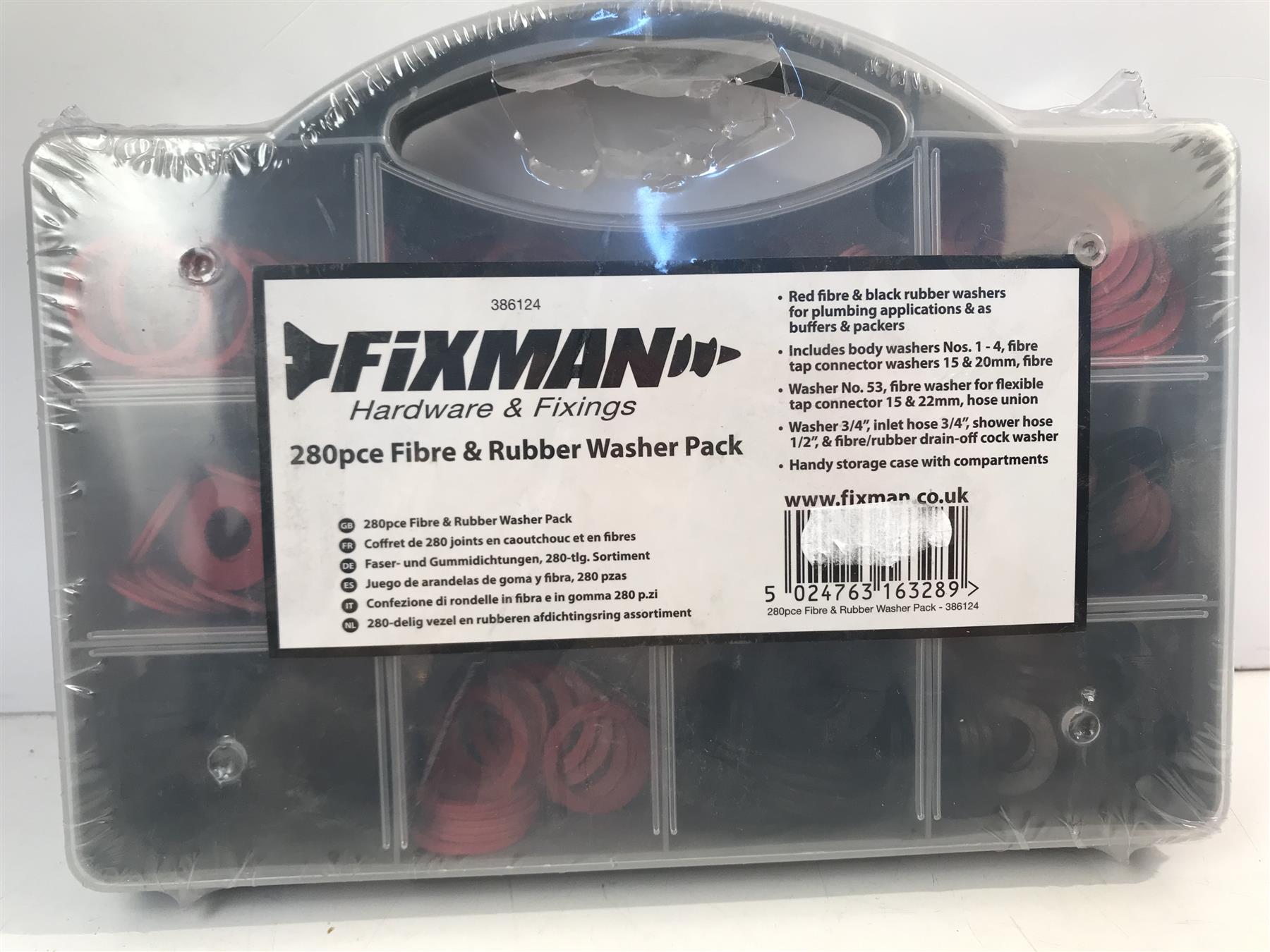Fixman 386124 Assorted Fibre & Rubber Plumbing Washers 280 Piece Set