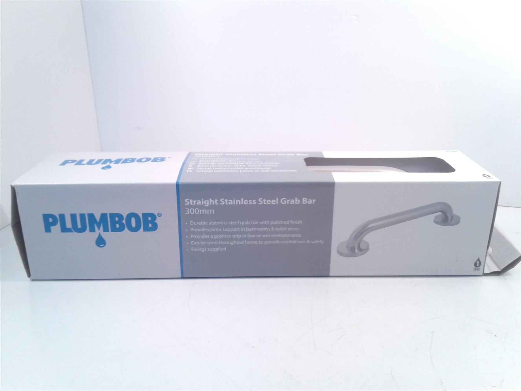 Plumbob 800886 Straight Bathroom Grab Bar Polished Stainless Steel 300mm