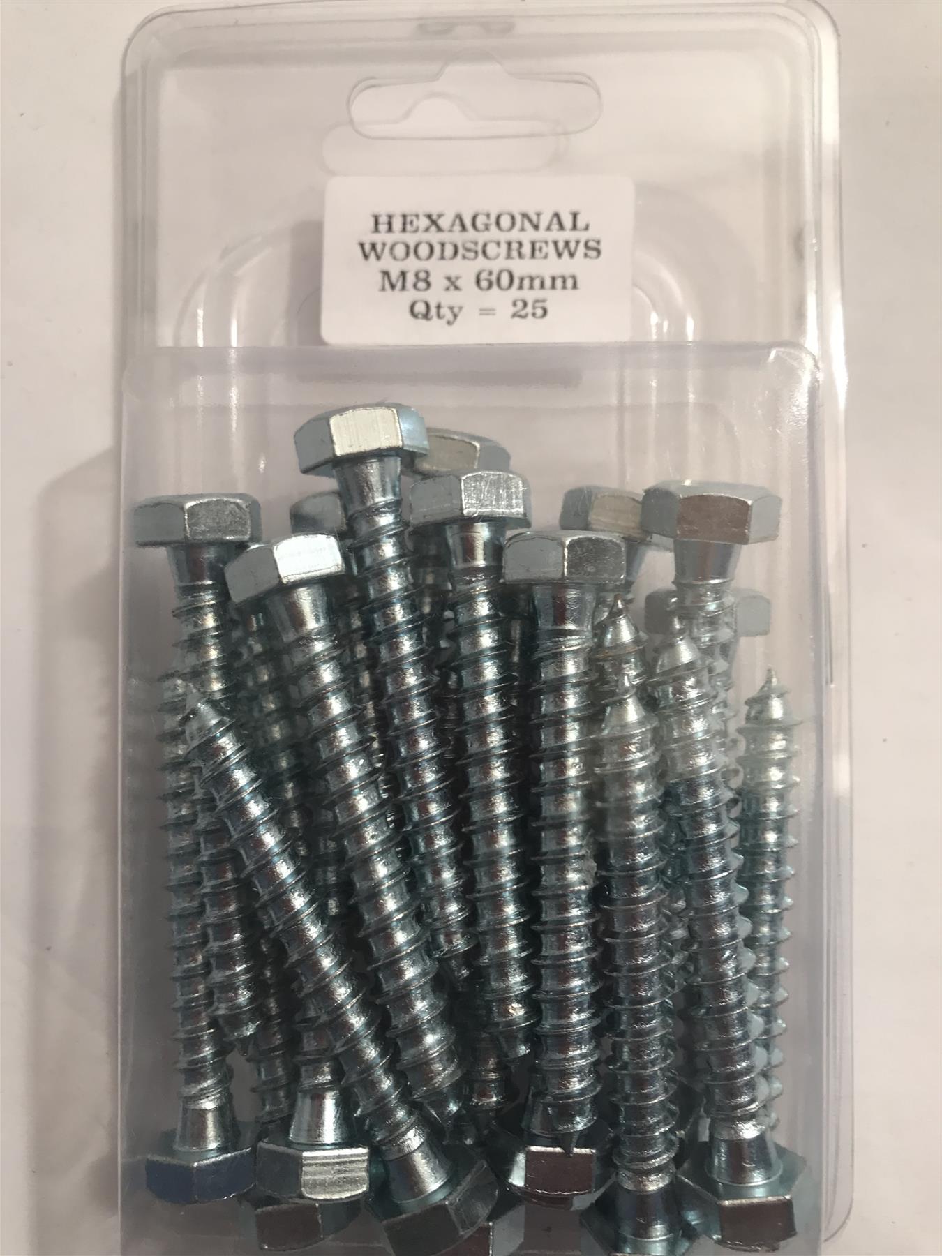 Hexagonal Wood Screws M8 x 60mm  (Pk 25)