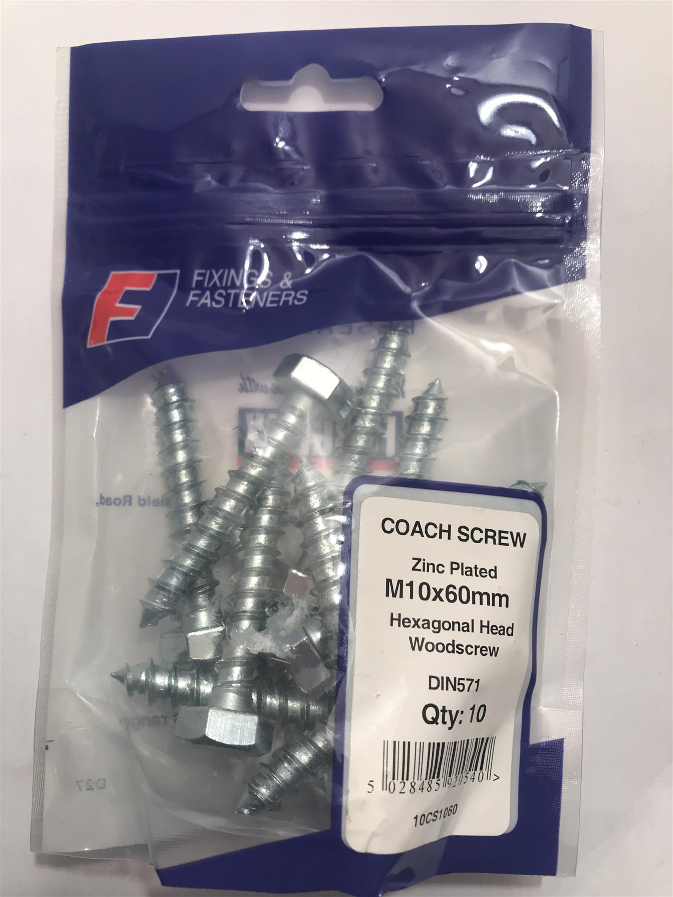 ForgeFix Coach Screw Zinc Plated M10x60mm Hexagon Head 10CS1060 (10 Pk)