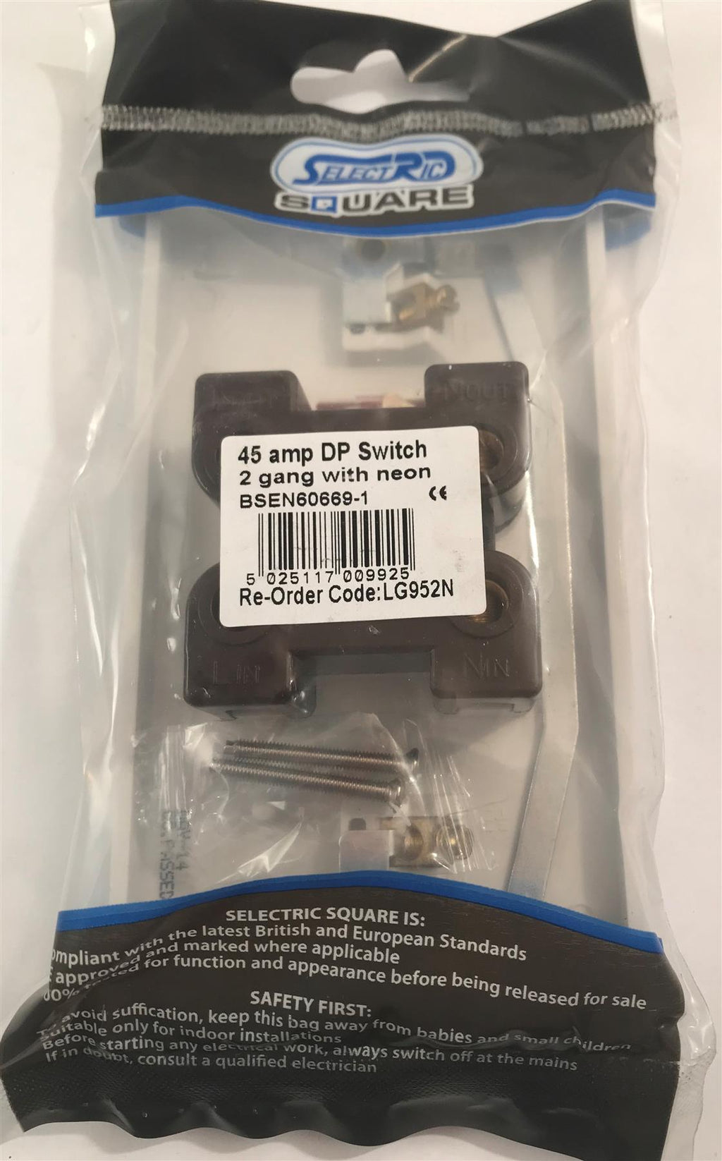 Selectric Square 45 Amp DP Switch 2 Gang with Neon  LG952N