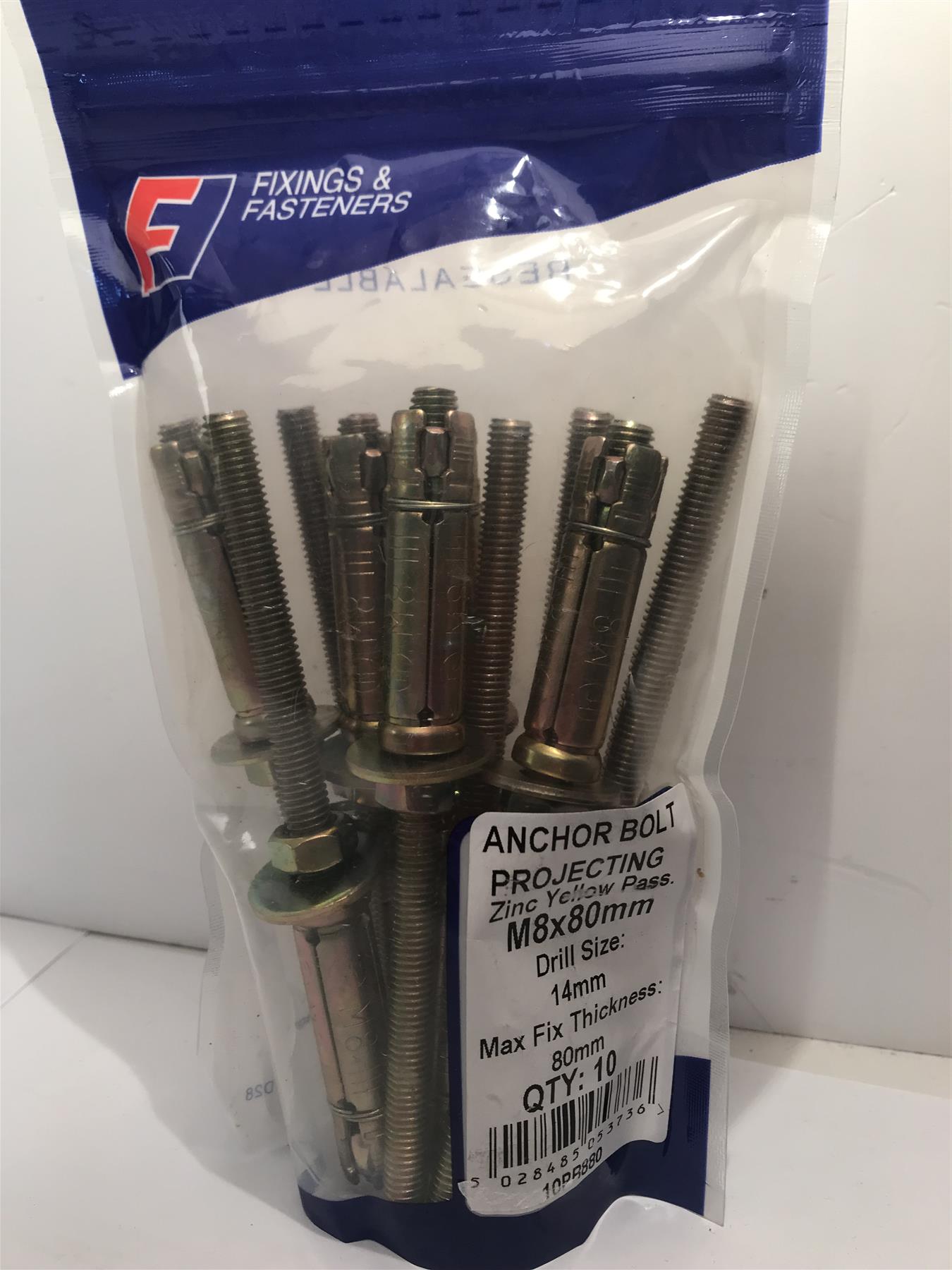 Masonry Anchor Bolt Projecting Zinc Yellow M8 x 80mm Bag 10   10PB880