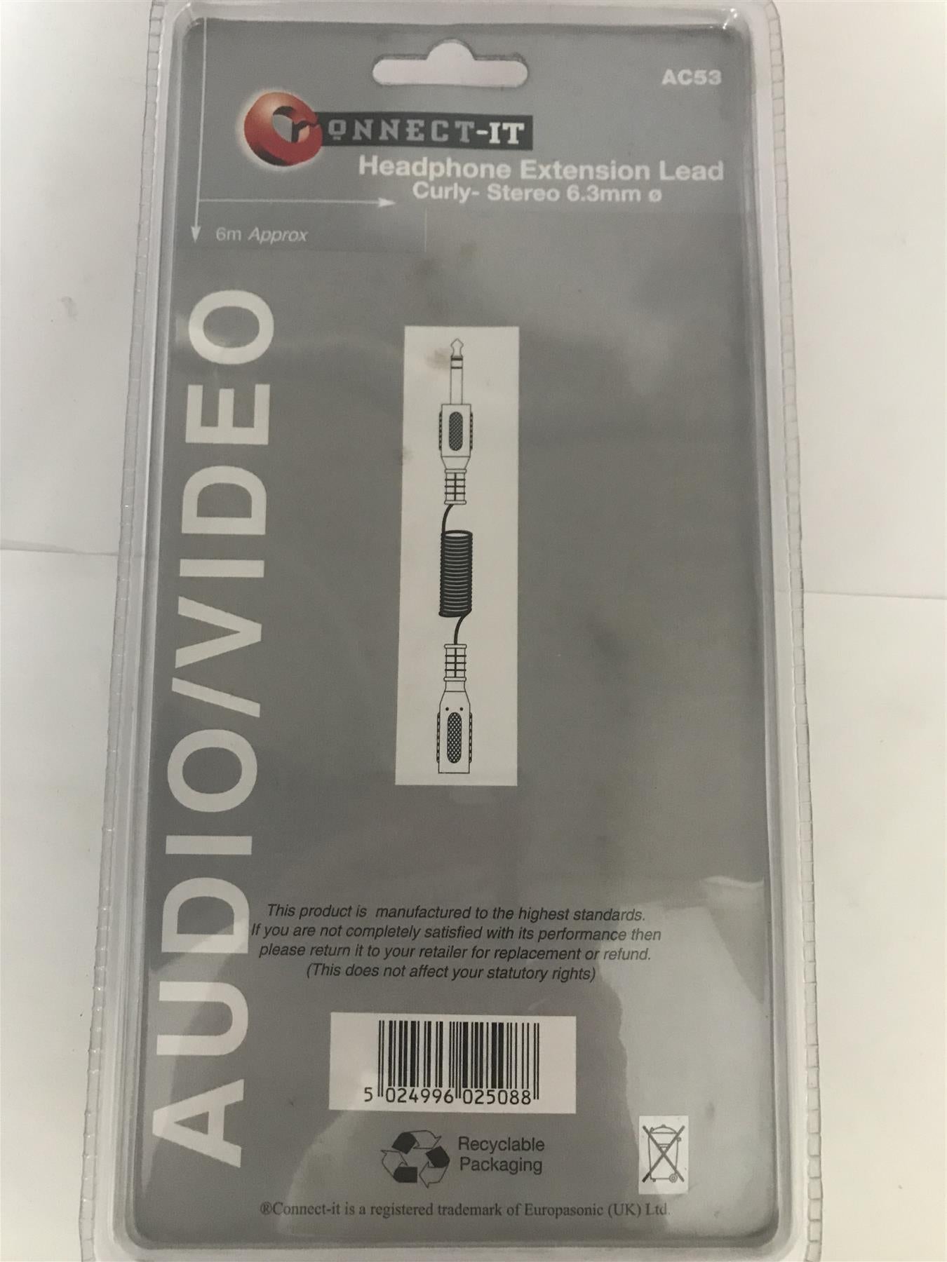 Connect-It Headphone Extension Lead Curly-Stereo 6.3mm  AC53