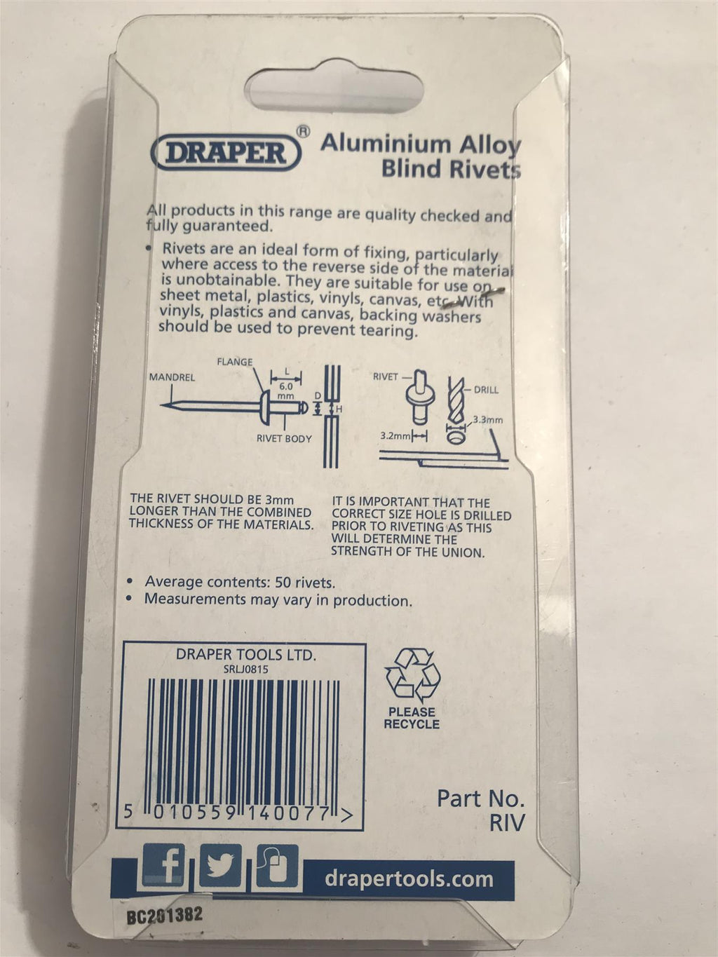 Draper Blind Rivets 3.2 x 6.0mm (Pk 50) 14007